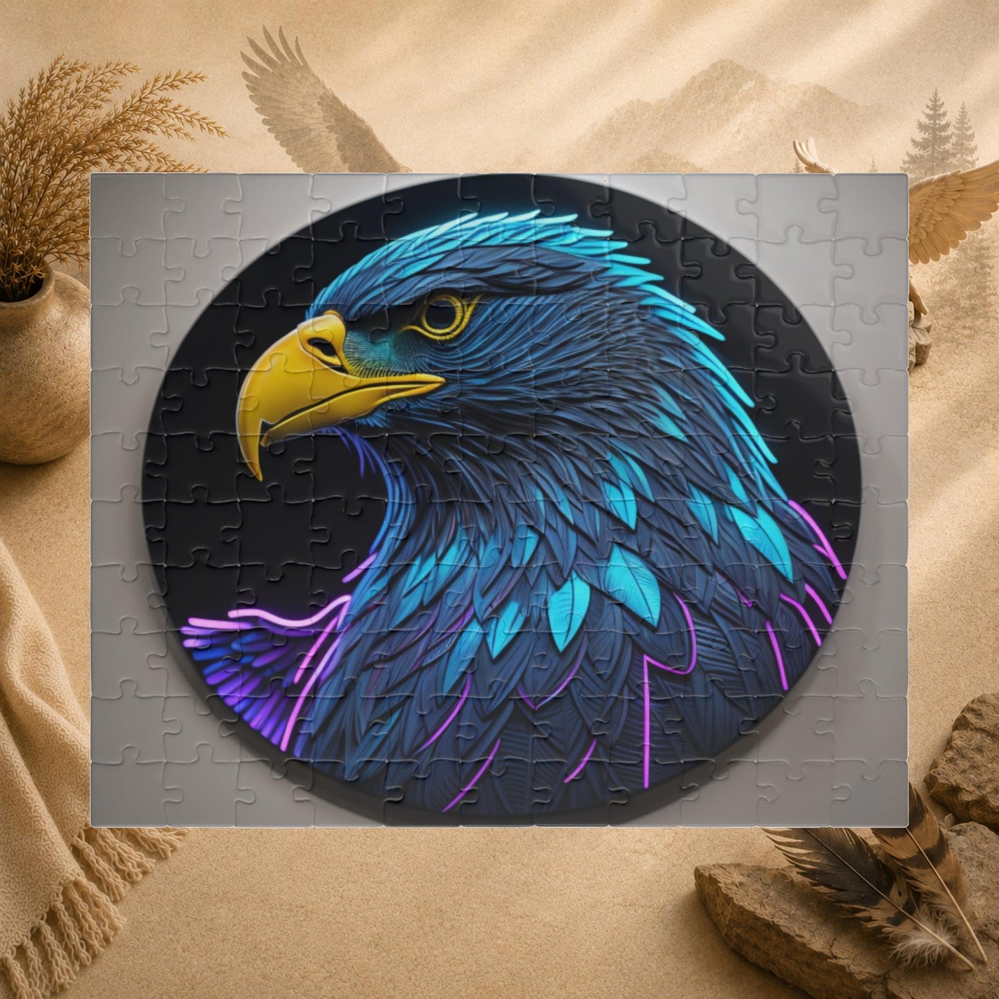 Eagle Vision Triumph - Neon Bald Eagle Portrait Puzzle with Teal and Purple Feathers on Dark Background