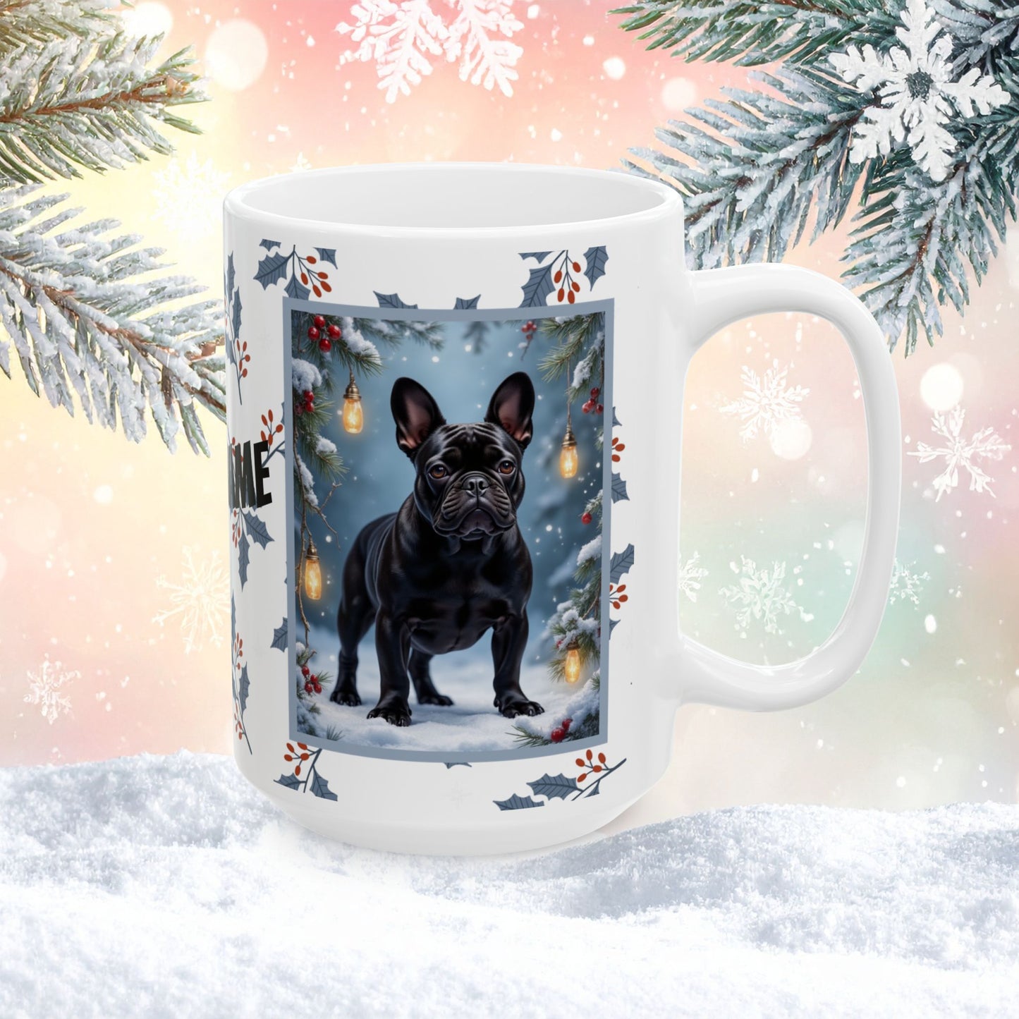 French Bulldog (Black) Winter Mug - black French Bulldog illustrated standing in a cozy winter scene with snow and pine accents