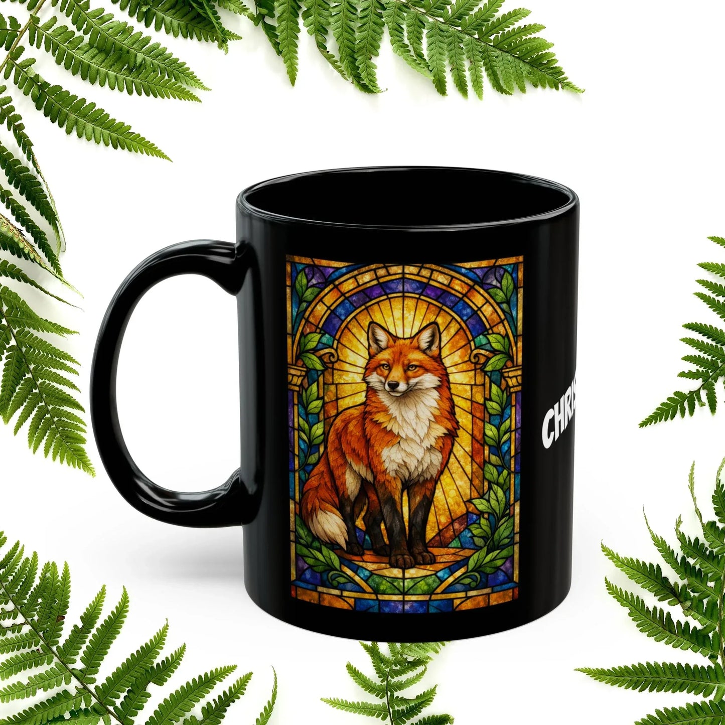 Shop our premium fox stained glass style black mug from MySisterIsASurvivor.