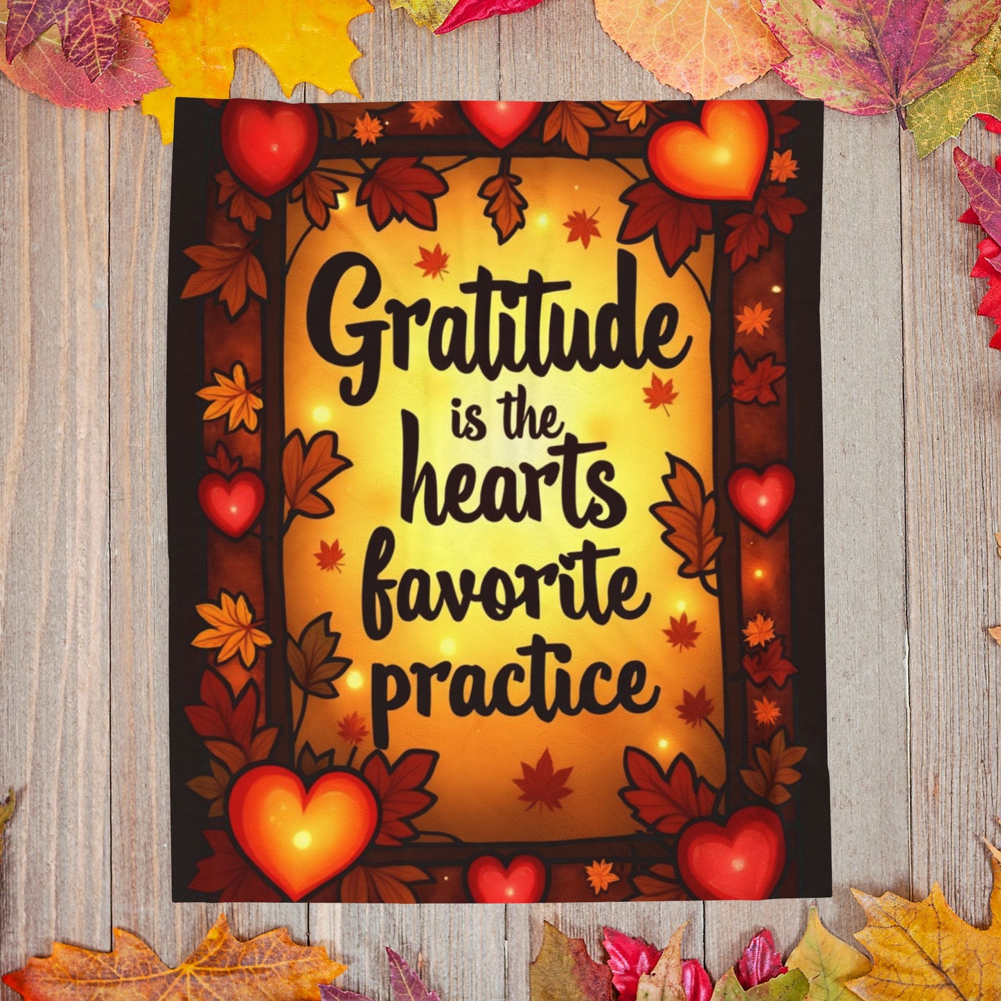 Mindful fall blanket with “Gratitude Is the Heart’s Favorite Practice,” warm calming tones and fall décor.