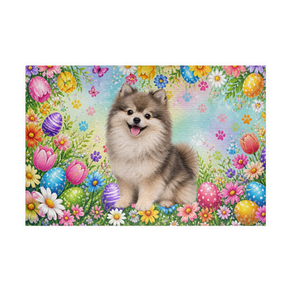 Pomeranian (Wolf Sable) Easter Puppy Puzzle - Spring Garden with Eggs, Tulips, and Butterflies