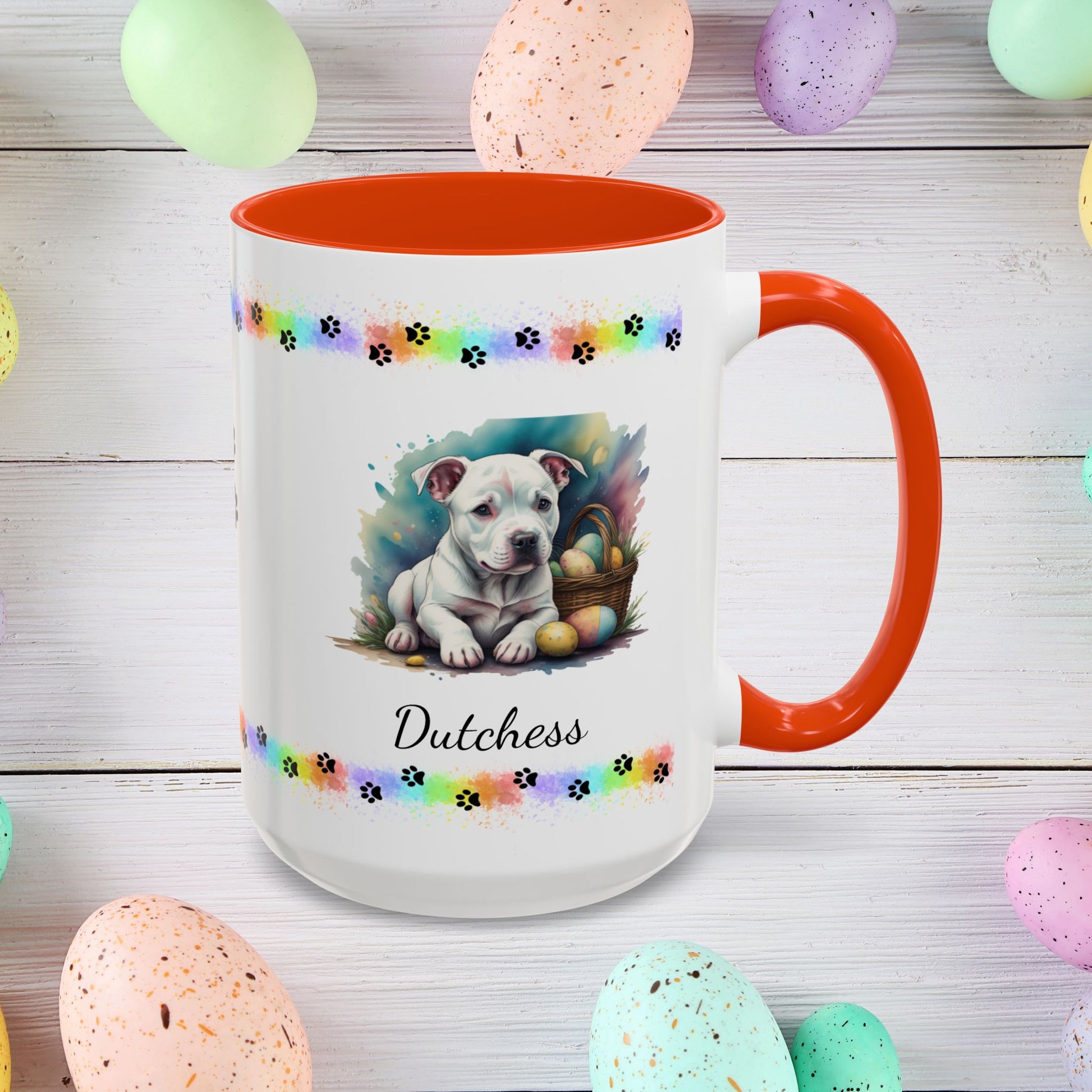 Pitbull (White): Personalized Easter Puppy Coffee Mug - Adorable Dog Design, Mental Health Gift, 11oz & 15oz, 12 Color Choices, Easter Gifts & Décor