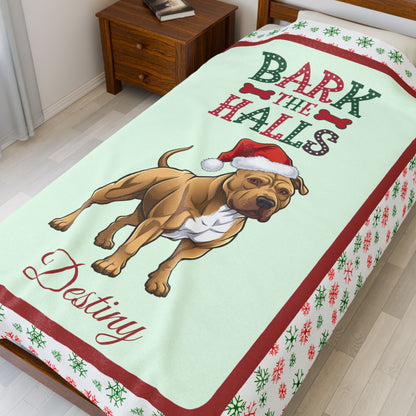 Pitbull (Buckskin) plush velveteen blanket personalized cozy Bark The Halls holiday throw gift for dog lovers