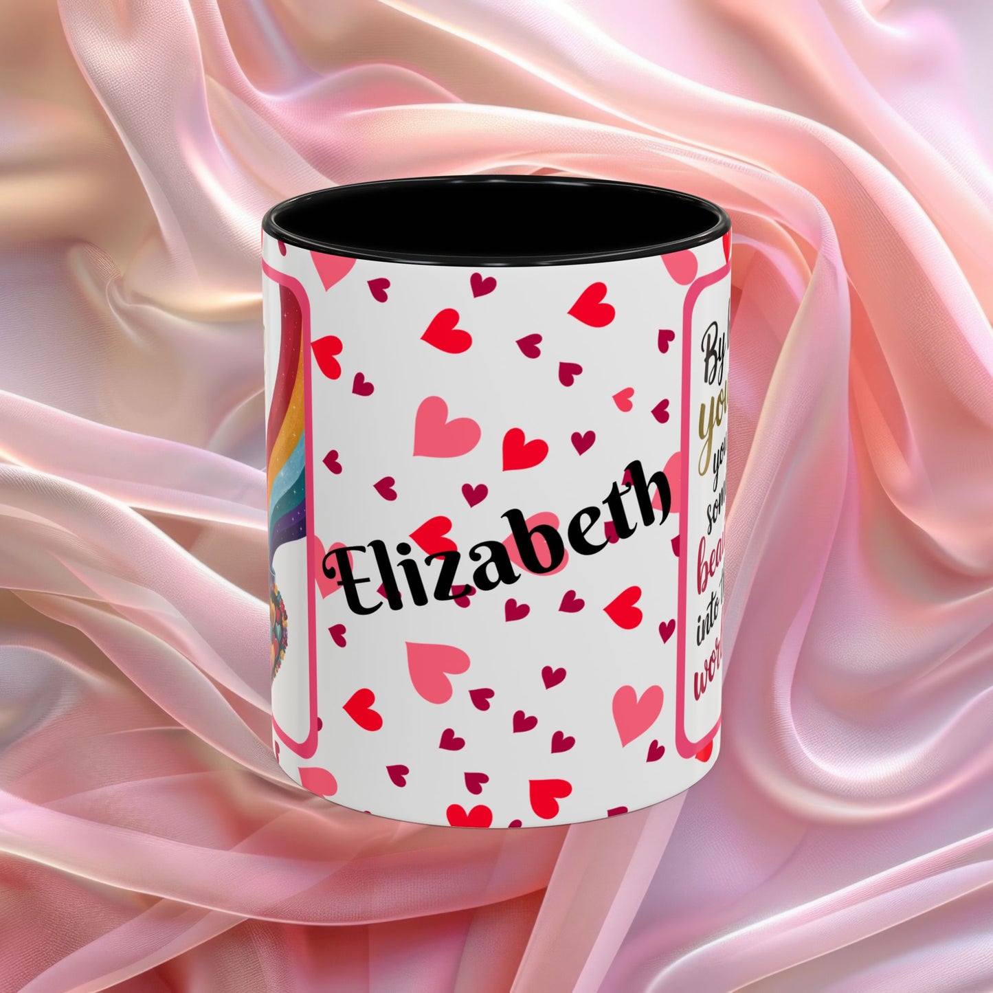 By Being Yourself Valentines mug featuring encouraging words, self love Valentine coffee cup design
