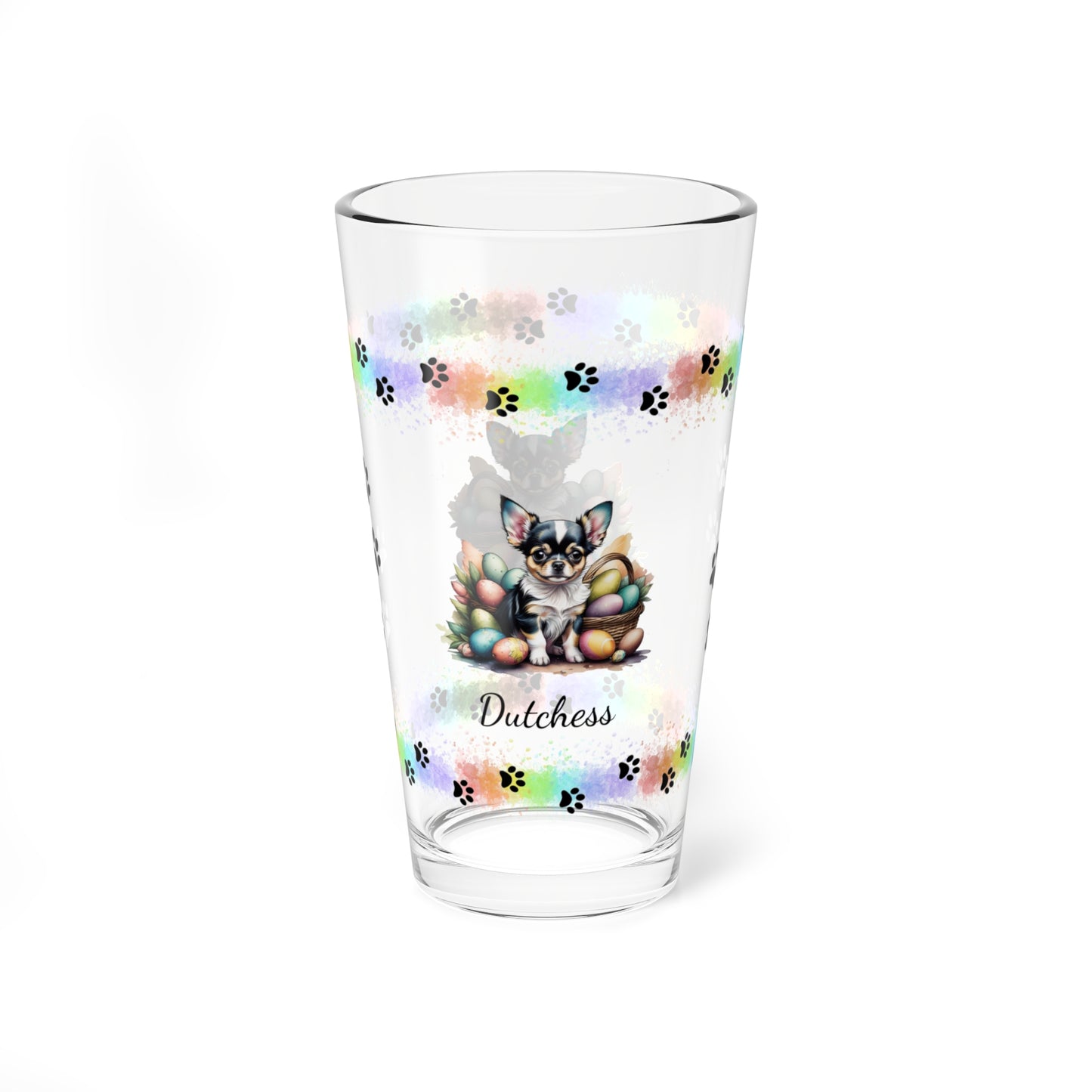 Chihuahua (Blue Tri) Personalized Easter Puppy 16oz Pint Glass - Custom Dog Design, Mental Health Gift, Easter Décor, and Festive Celebrations