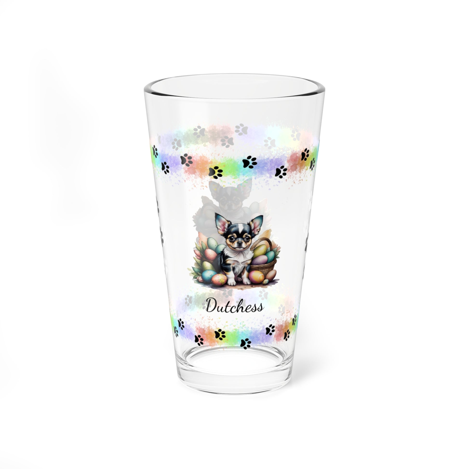 Chihuahua (Blue Tri) Personalized Easter Puppy 16oz Pint Glass - Custom Dog Design, Mental Health Gift, Easter Décor, and Festive Celebrations
