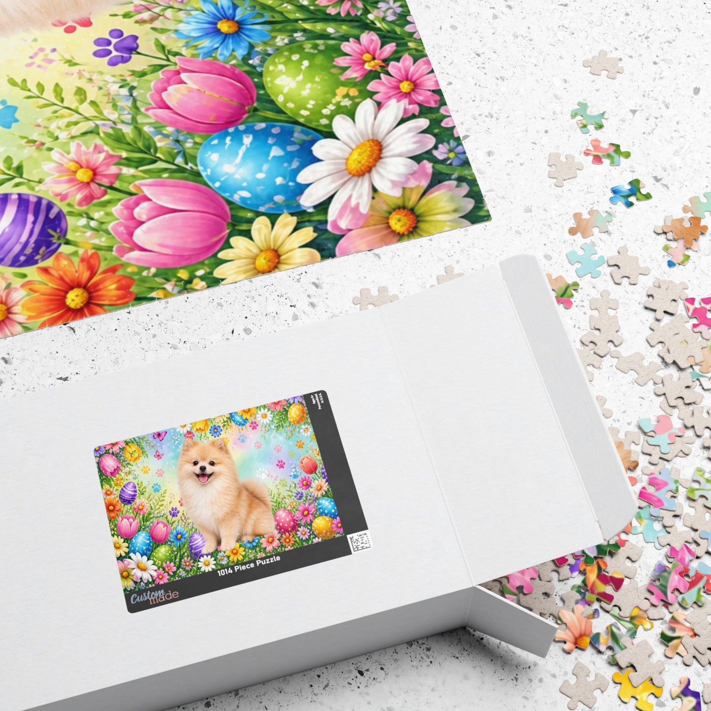 Pomeranian (Cream Sable) Easter Puppy Puzzle - Spring Garden with Eggs, Tulips, and Daisies
