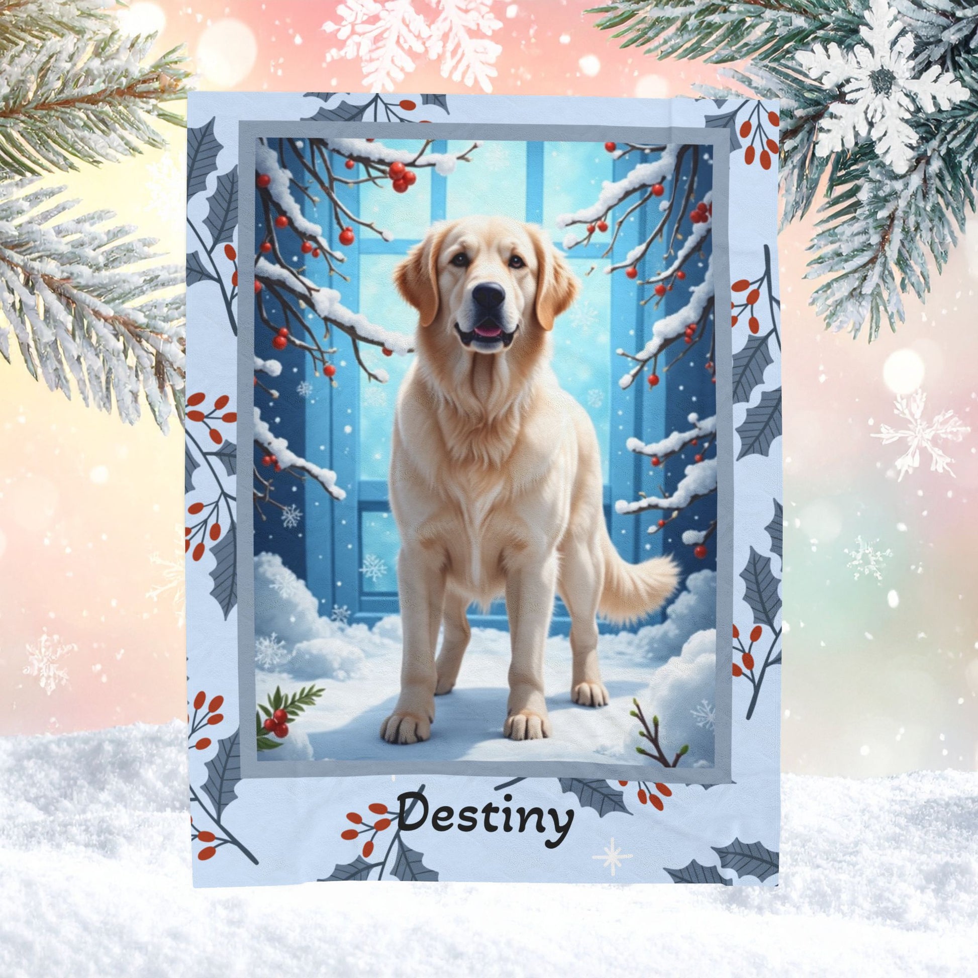 Golden Retriever White personalized winter throw featuring a white Golden Retriever in a cheerful lodge setting