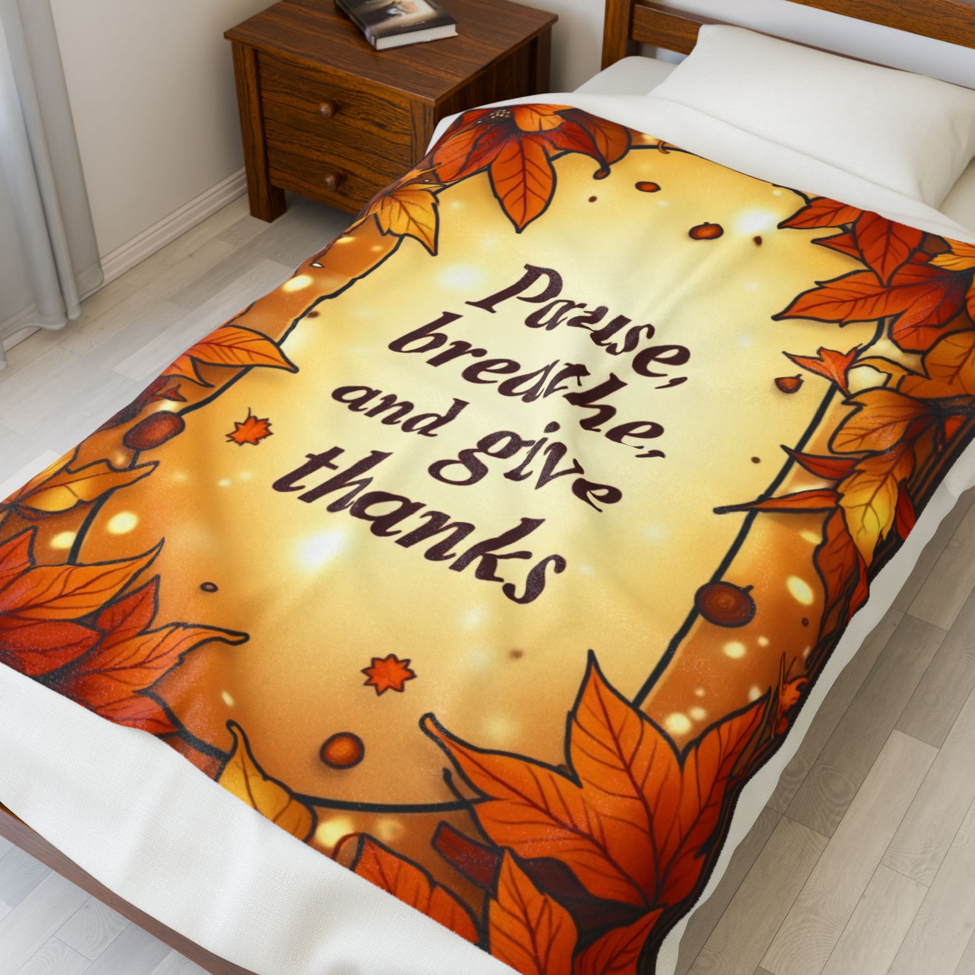 Thanksgiving mindfulness blanket with “Pause, Breathe, and Give Thanks,” cozy calming fall design.