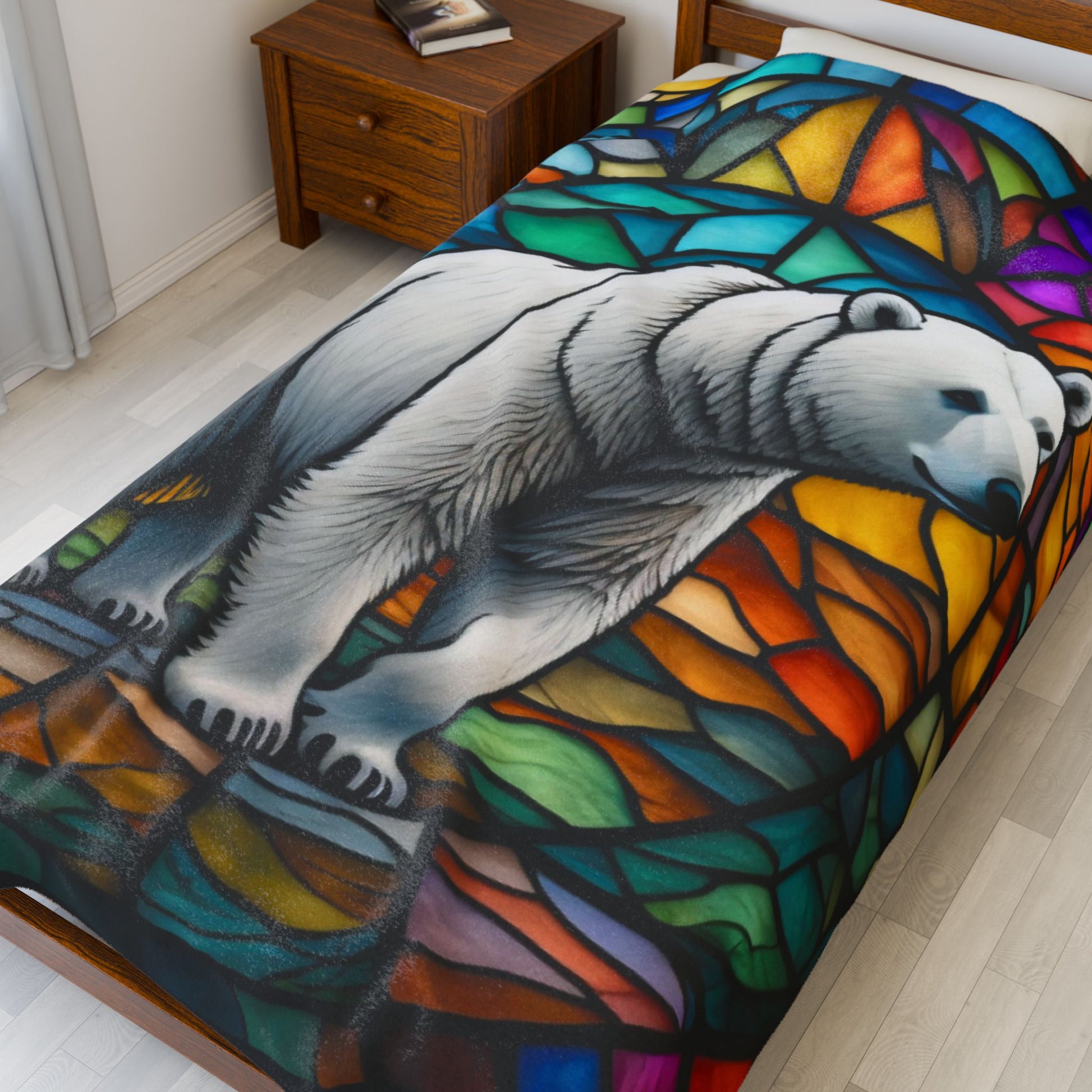 A polar bear blanket in stained glass style that brings arctic charm and peaceful coziness.