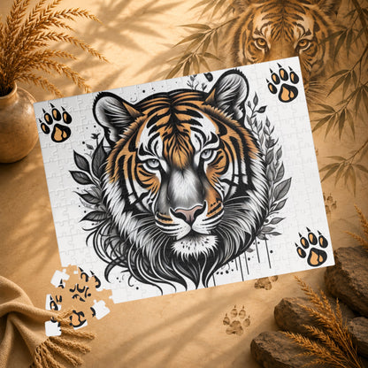 Tiger-themed puzzle with pieces on a white background