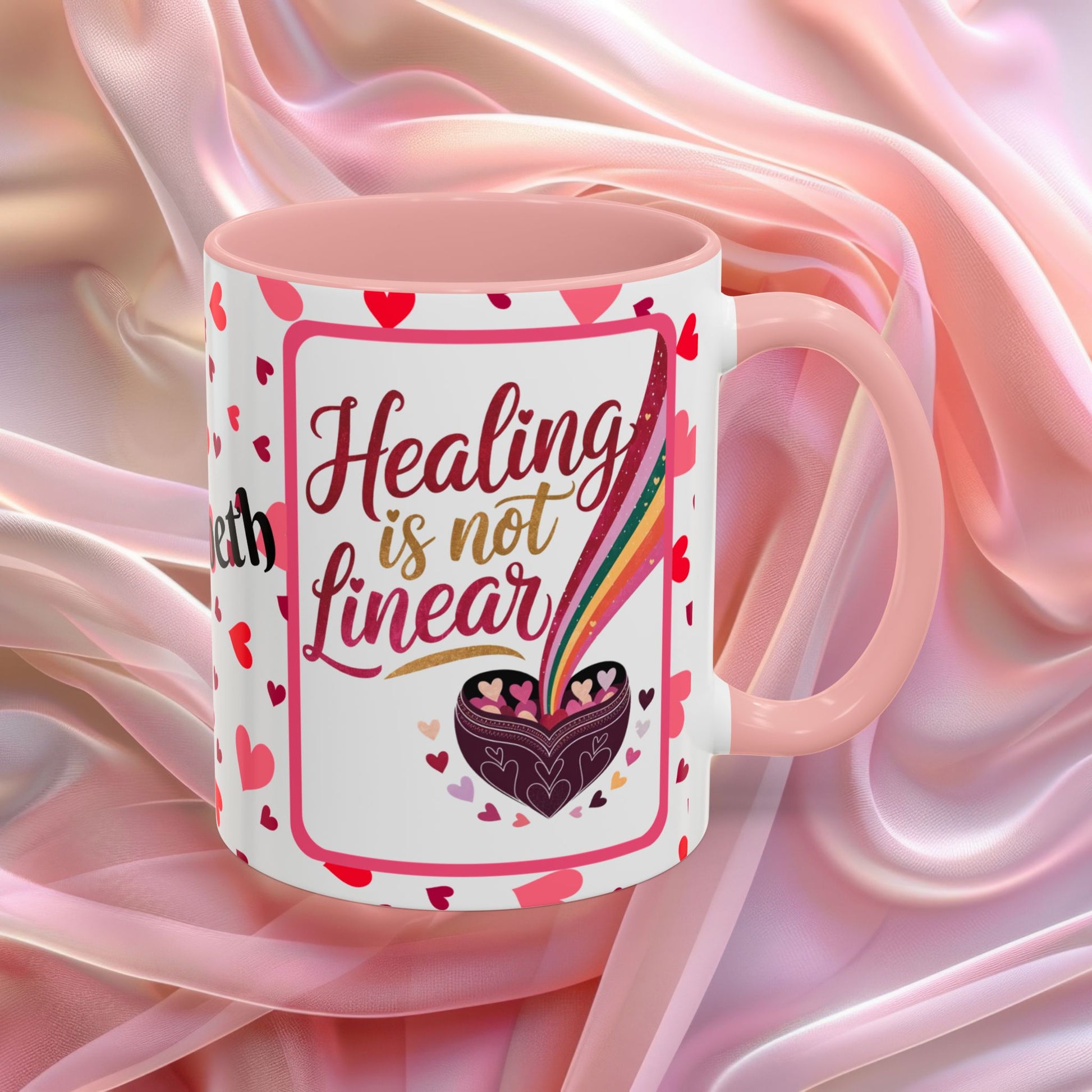 Healing Is Not Linear Valentines mug offering comfort and resilience, Valentine themed affirmation coffee cup