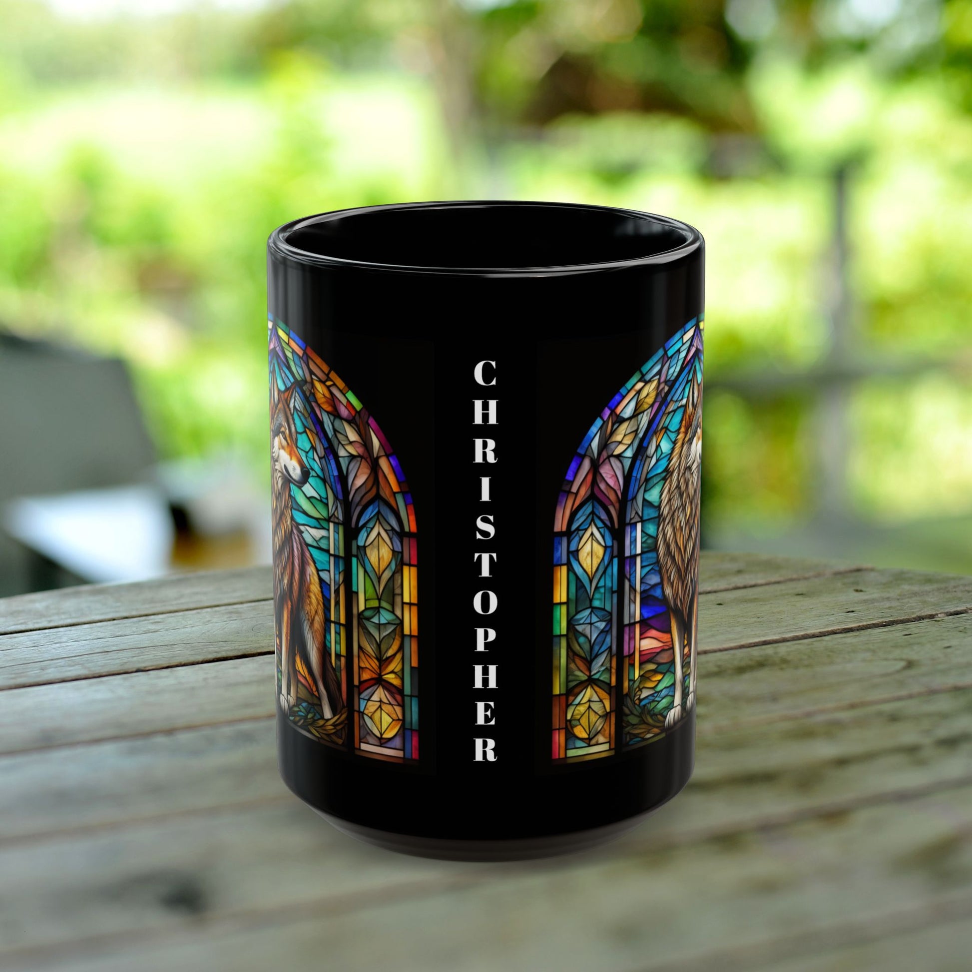 Wolf Personalized Mug, Stained Glass Zoo Animal Design, Unique Ceramic Gift for Wildlife Lovers, Coffee, Tea, & Hot Chocolate Cup
