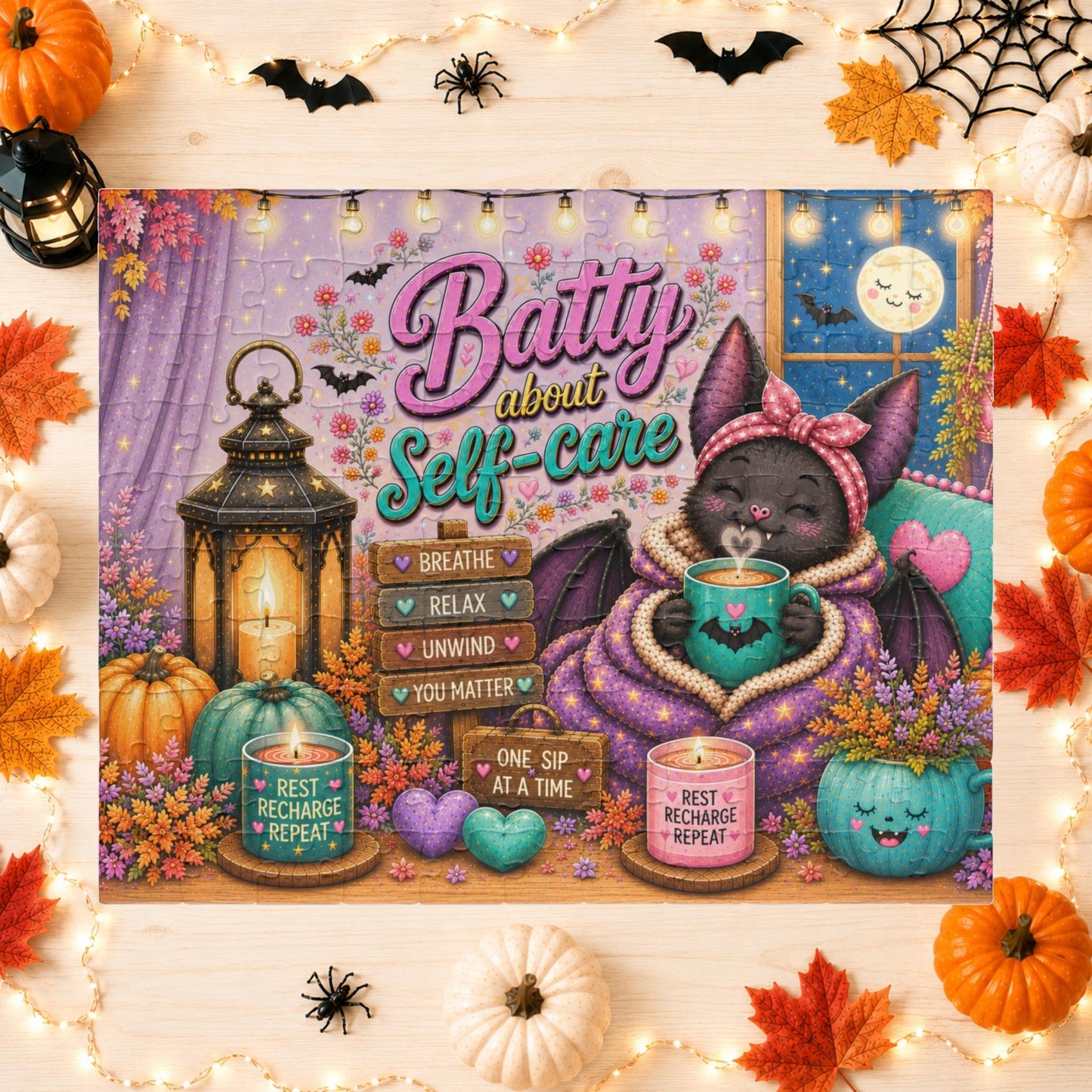 Batty About Self-Care Halloween Puzzle - Cozy Bat with Warm Mug, Blanket, and Rest Recharge Repeat