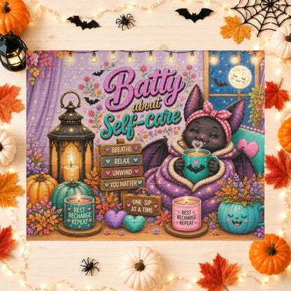 Batty About Self-Care Halloween Puzzle - Cozy Bat with Warm Mug, Blanket, and Rest Recharge Repeat