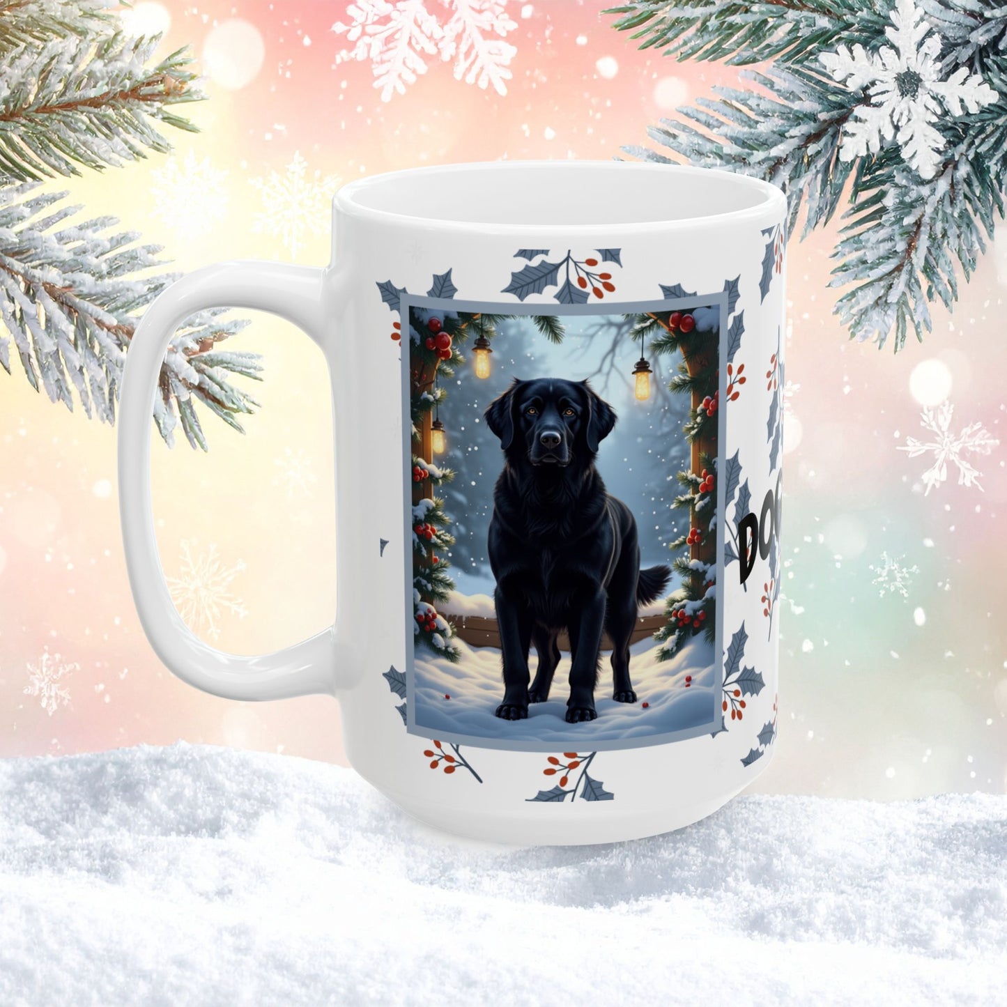 Golden Retriever (Black) Winter Mug - black Golden Retriever illustrated standing in a winter setting with snowy pine branches