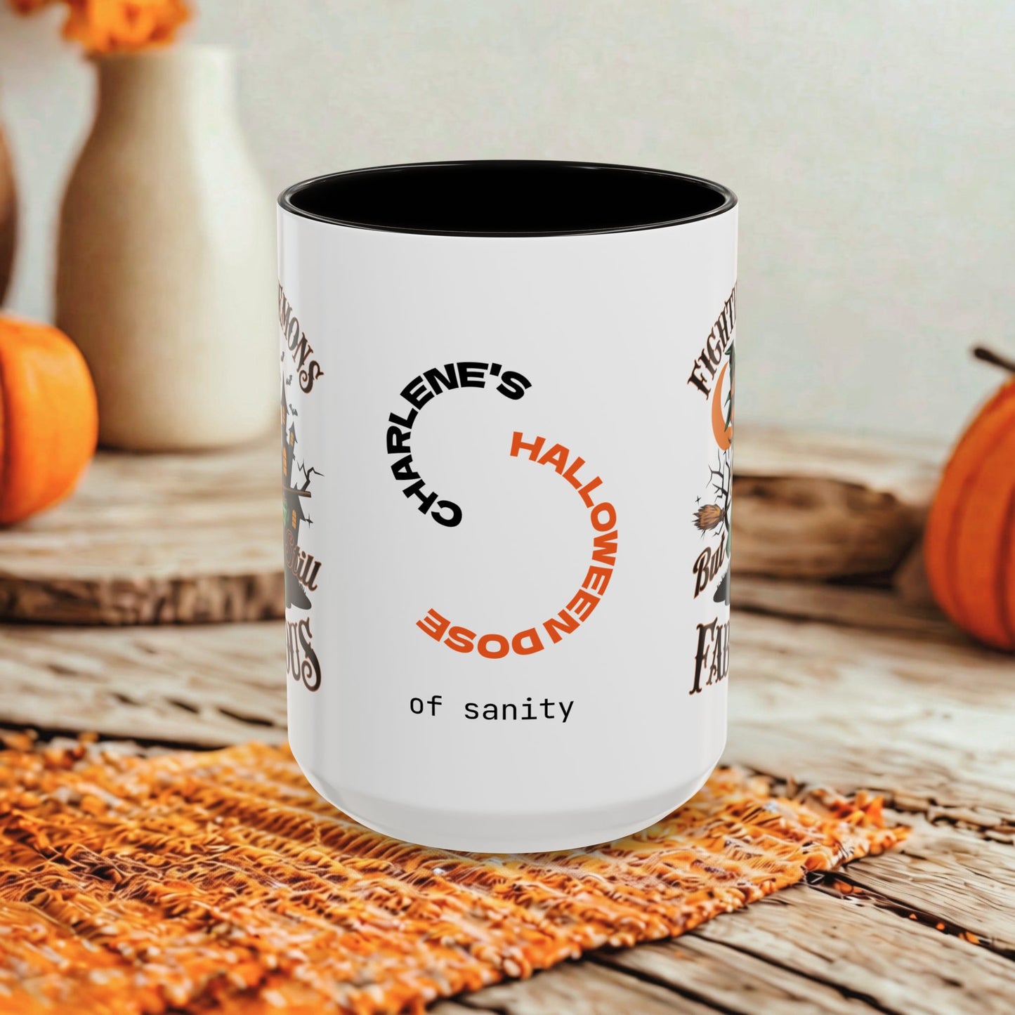 Fighting Demons But Still Fabulous - Personalized Halloween Mug for Mental Health Warriors