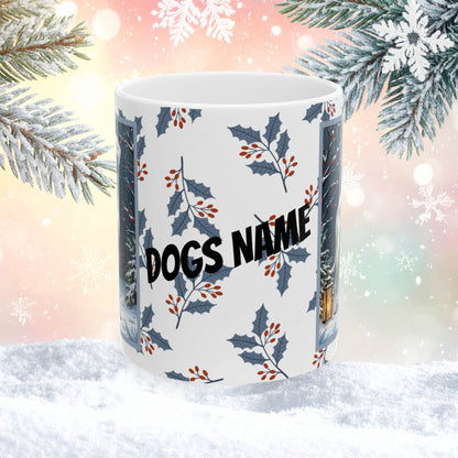 Great Dane (White) Winter Mug - white Great Dane illustrated standing in a bright winter setting with snow-covered ground
