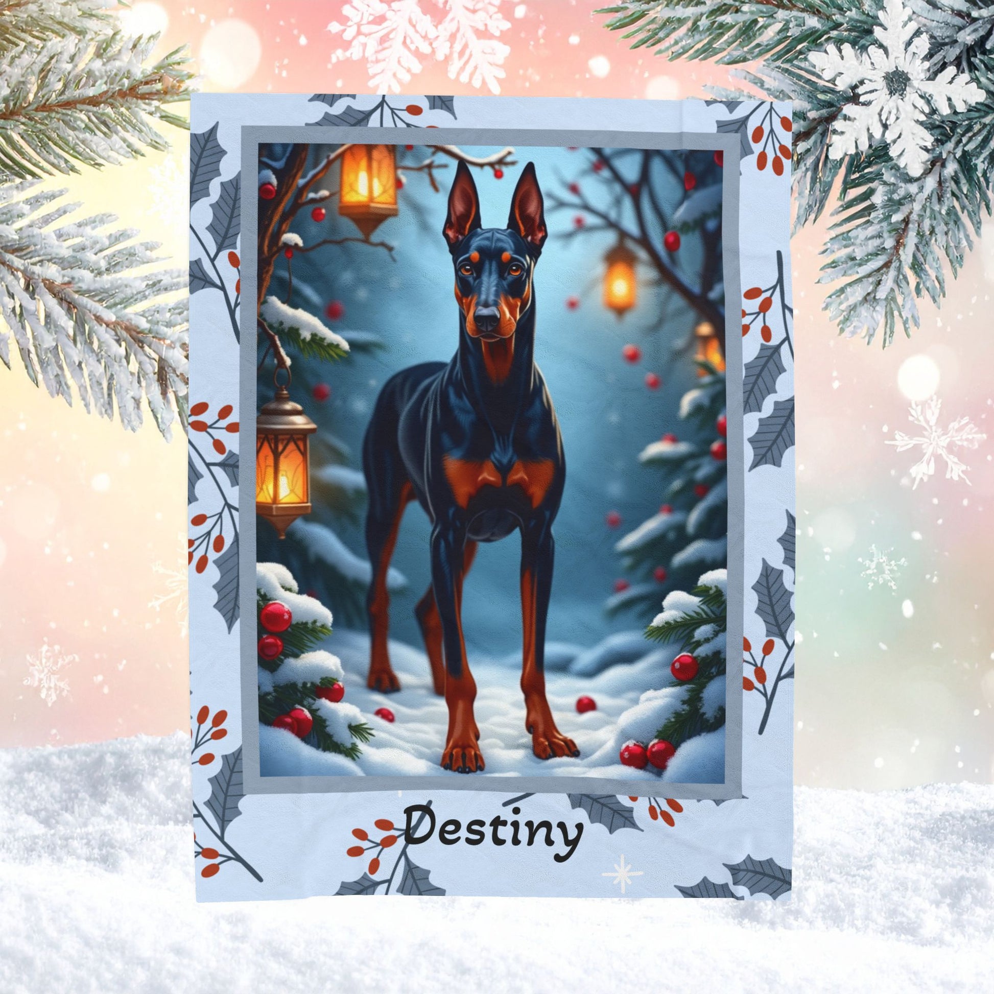 Doberman Blue and Rust personalized winter dog blanket with elegant Doberman artwork and bright snowy lodge scenery