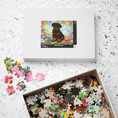 Rottweiler (Black & Rust) Easter Puppy Puzzle - Spring Garden with Eggs, Tulips, and Daisies