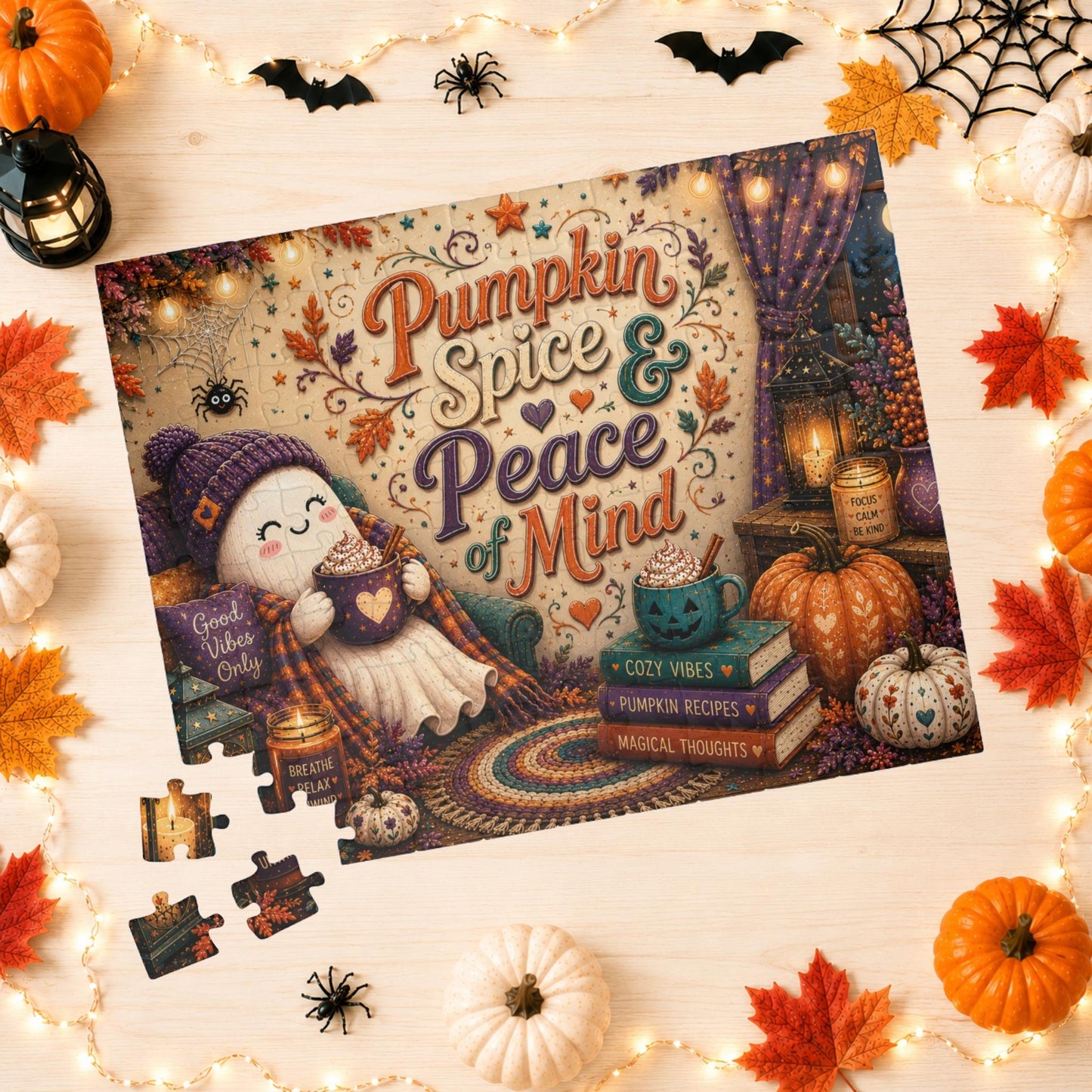 Pumpkin Spice and Peace of Mind Halloween Puzzle - Cozy Ghost with Heart Mug, Good Vibes Pillow, and Pumpkin Recipe Books