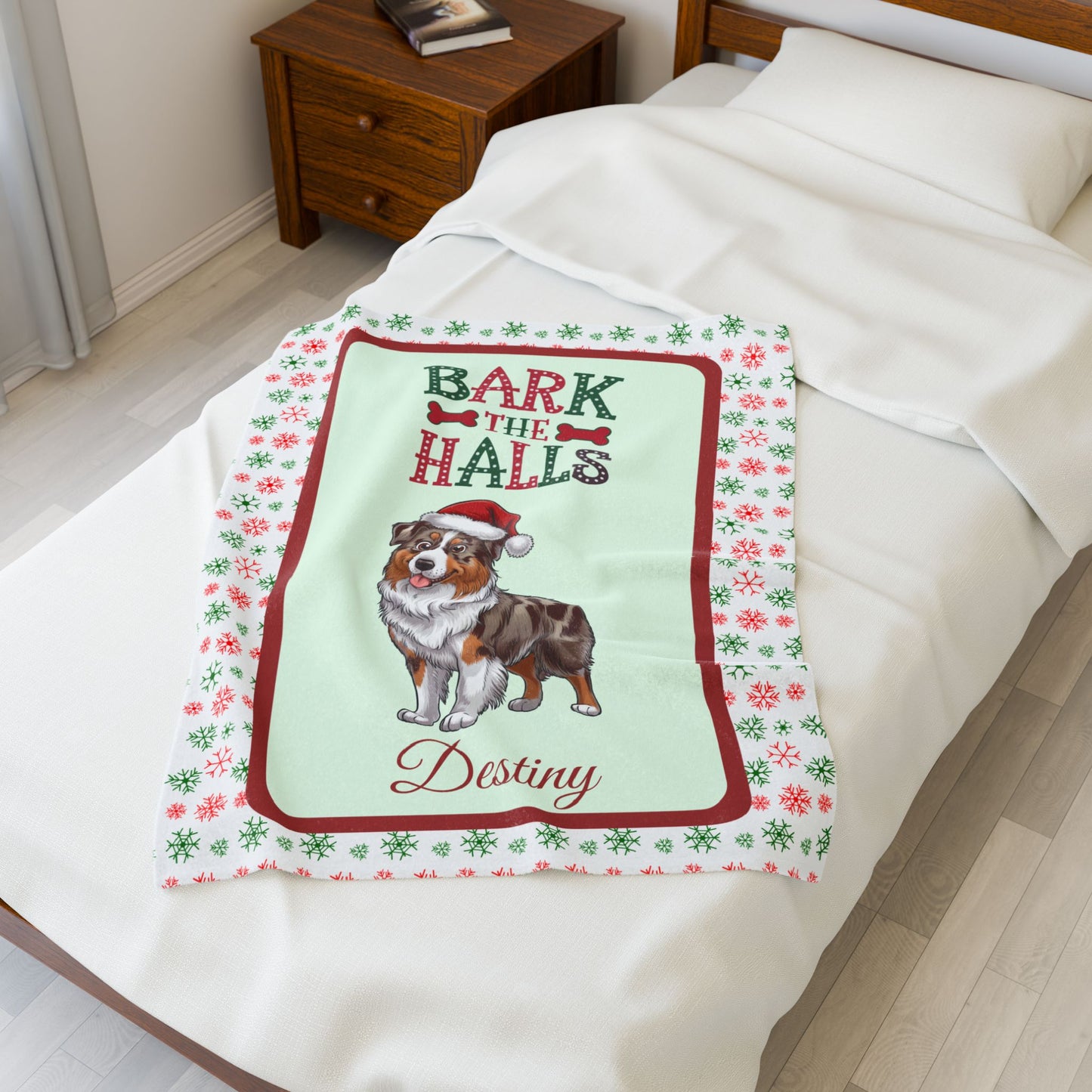Red Merle Australian Shepherd custom velveteen blanket, cozy holiday dog lover throw