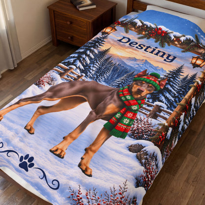 Doberman (Red Fawn Coat) - Personalized Winter Blanket, Snowy Woodland Velveteen Throw