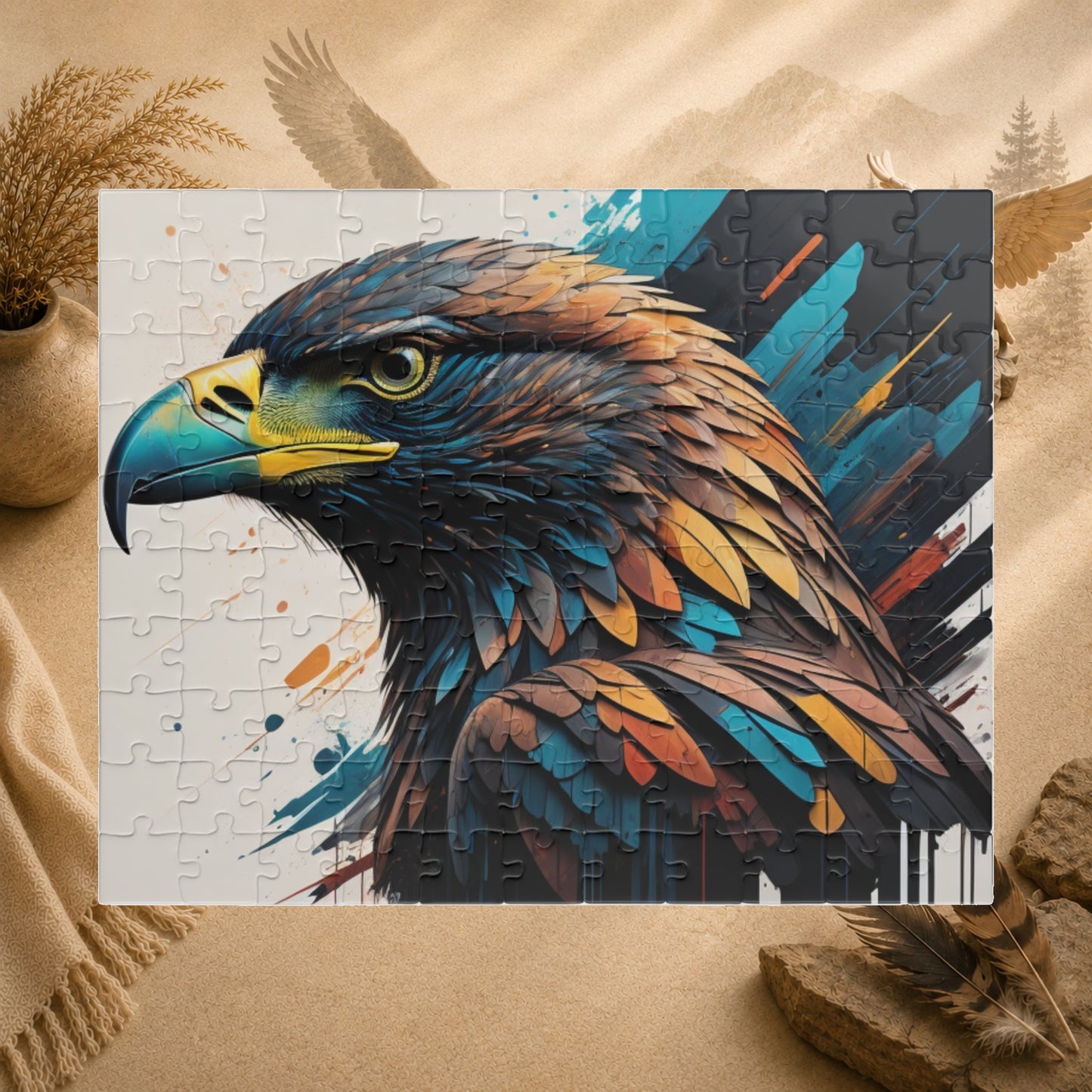 Eagle's Strength - Graffiti-Style Eagle Portrait Puzzle with Bold Brushstrokes in Teal and Orange