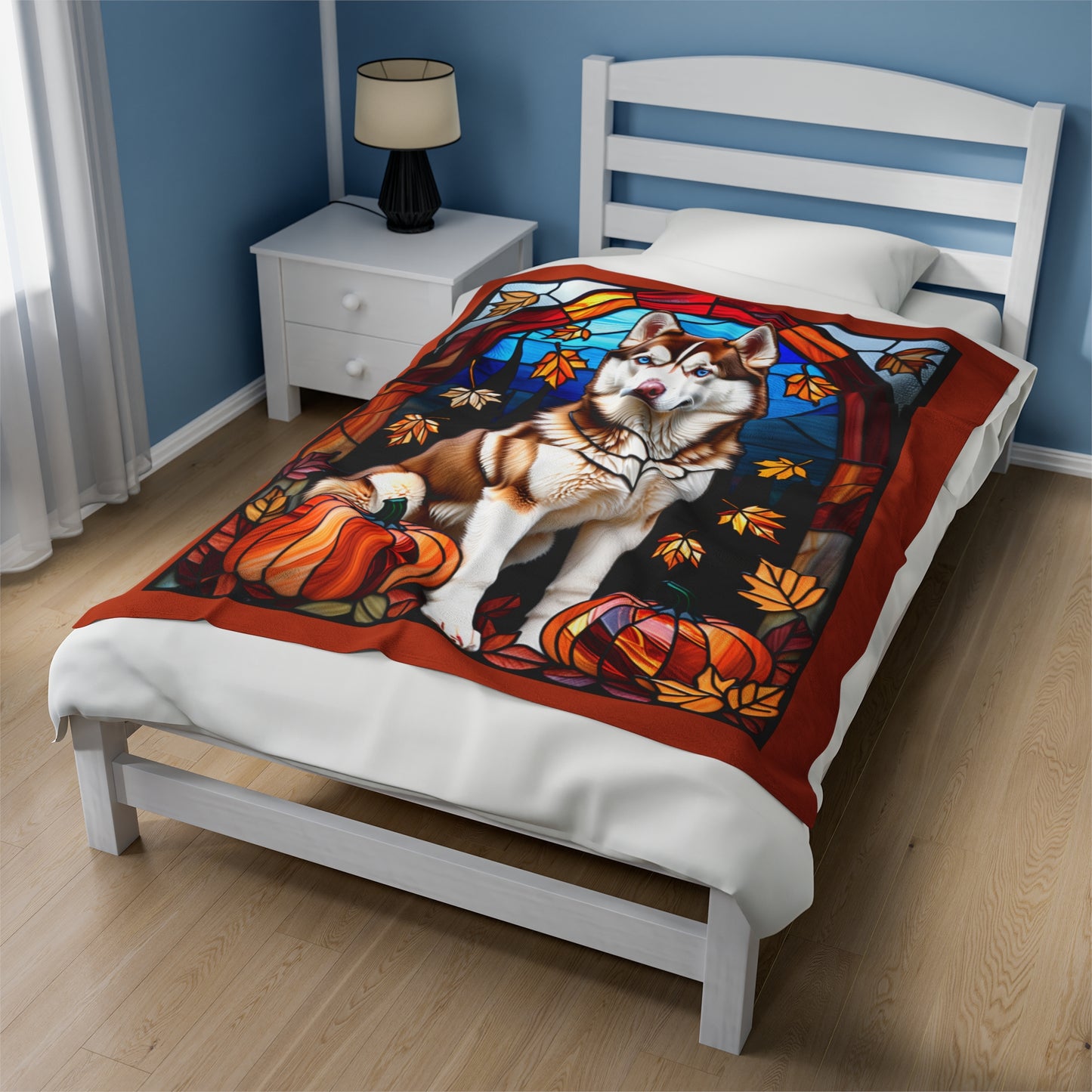 Soft velveteen Red and White Husky blanket with vibrant stained glass design, perfect dog lover gift