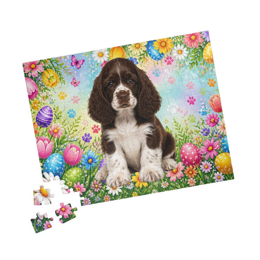 American Cocker Spaniel (Liver & White) Easter Puppy Puzzle - Spring Garden with Eggs, Tulips, and Daisies