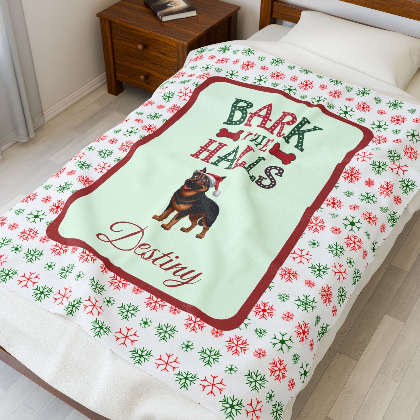 German Shepherd (Black & Rust) Personalized Velveteen Plush Blanket - "Bark The Halls" | Cozy Holiday Gift for Dog Lovers