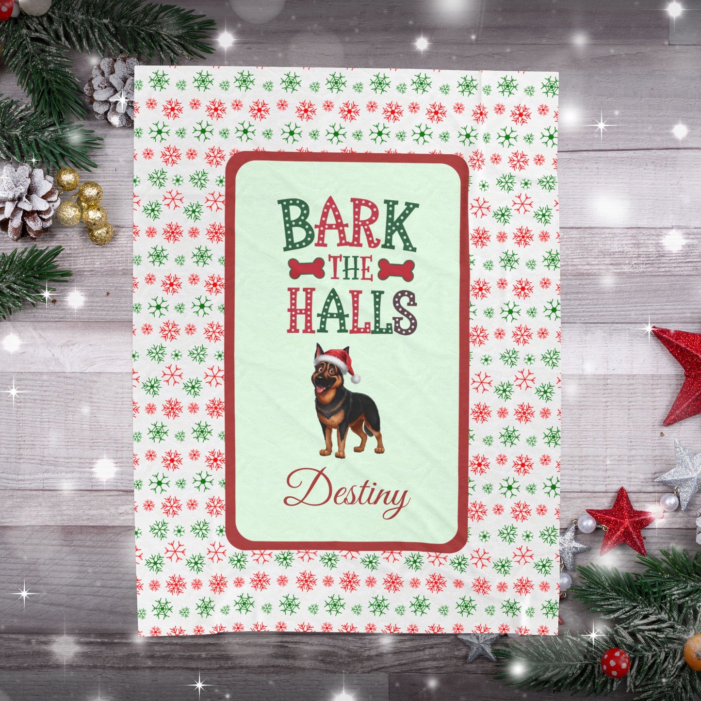German Shepherd (Black & Rust) Personalized Velveteen Plush Blanket - "Bark The Halls" | Cozy Holiday Gift for Dog Lovers