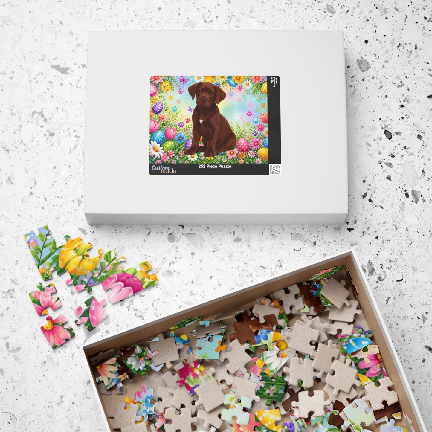 Great Dane (Chocolate) Easter Puppy Puzzle - Spring Garden with Eggs, Tulips, and Daisies