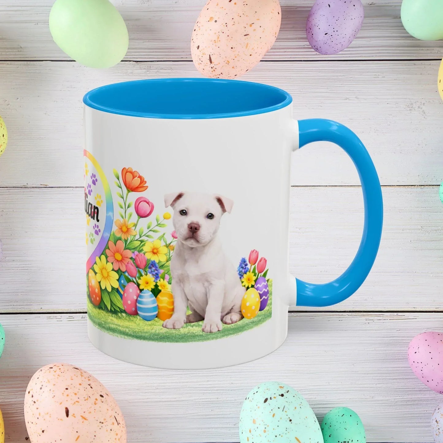 Shop our pitbull white puppy easter mug featuring the 11oz style option from MySisterIsASurvivor.