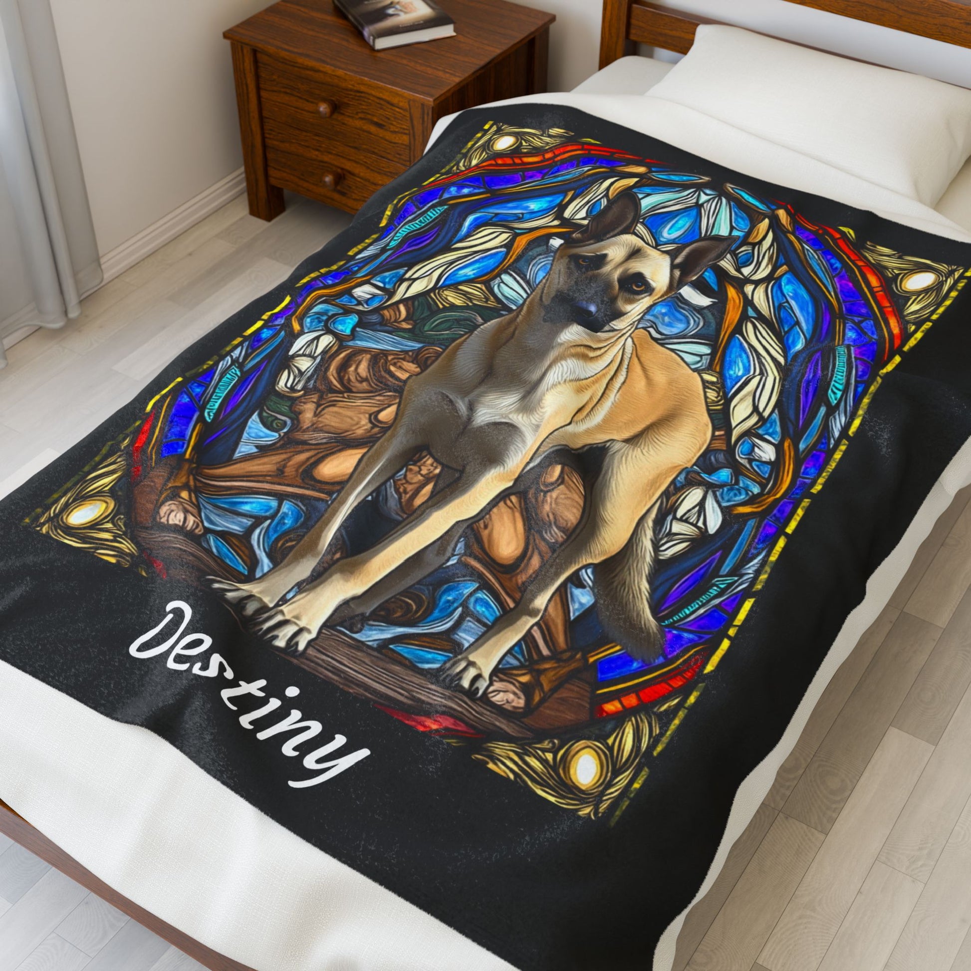 Belgian Malinois cream velveteen blanket, stained glass dog throw, personalized pet lover gift - MySisterIsASurvivor
