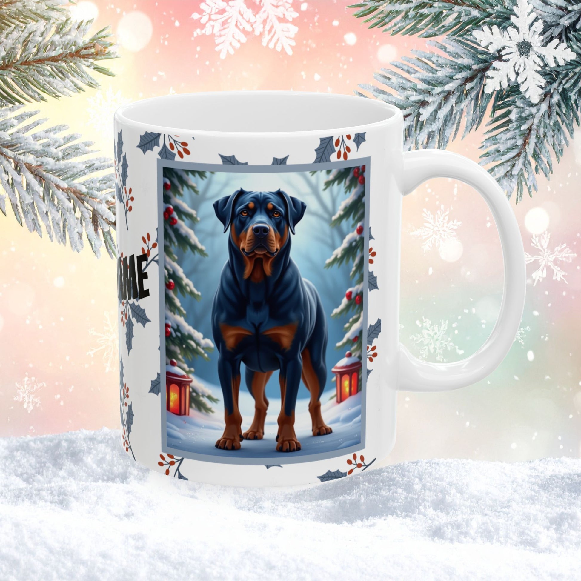 Rottweiler (Blue) Winter Mug - blue rottweiler illustrated standing confidently in a winter setting with snow