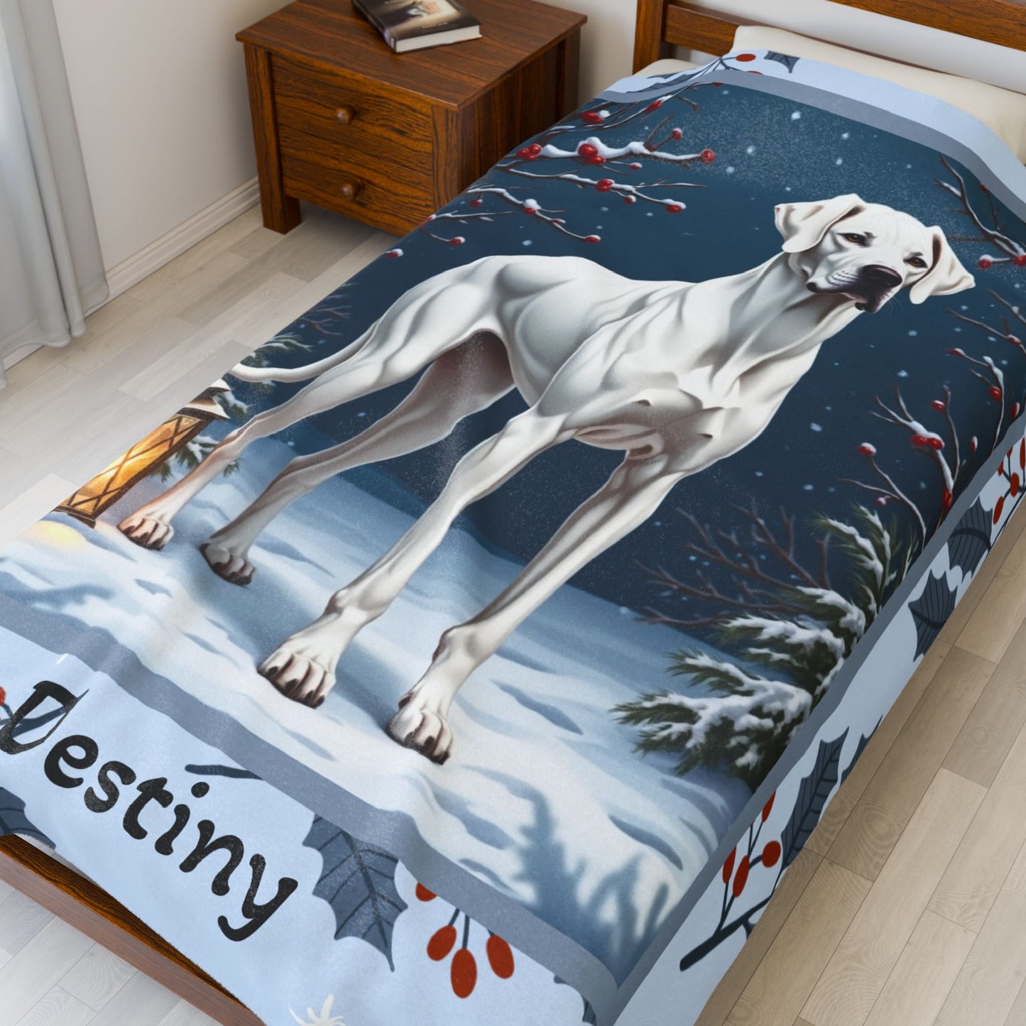 Great Dane White custom winter blanket showing a gentle Great Dane in a crisp illustrated snowy lodge setting