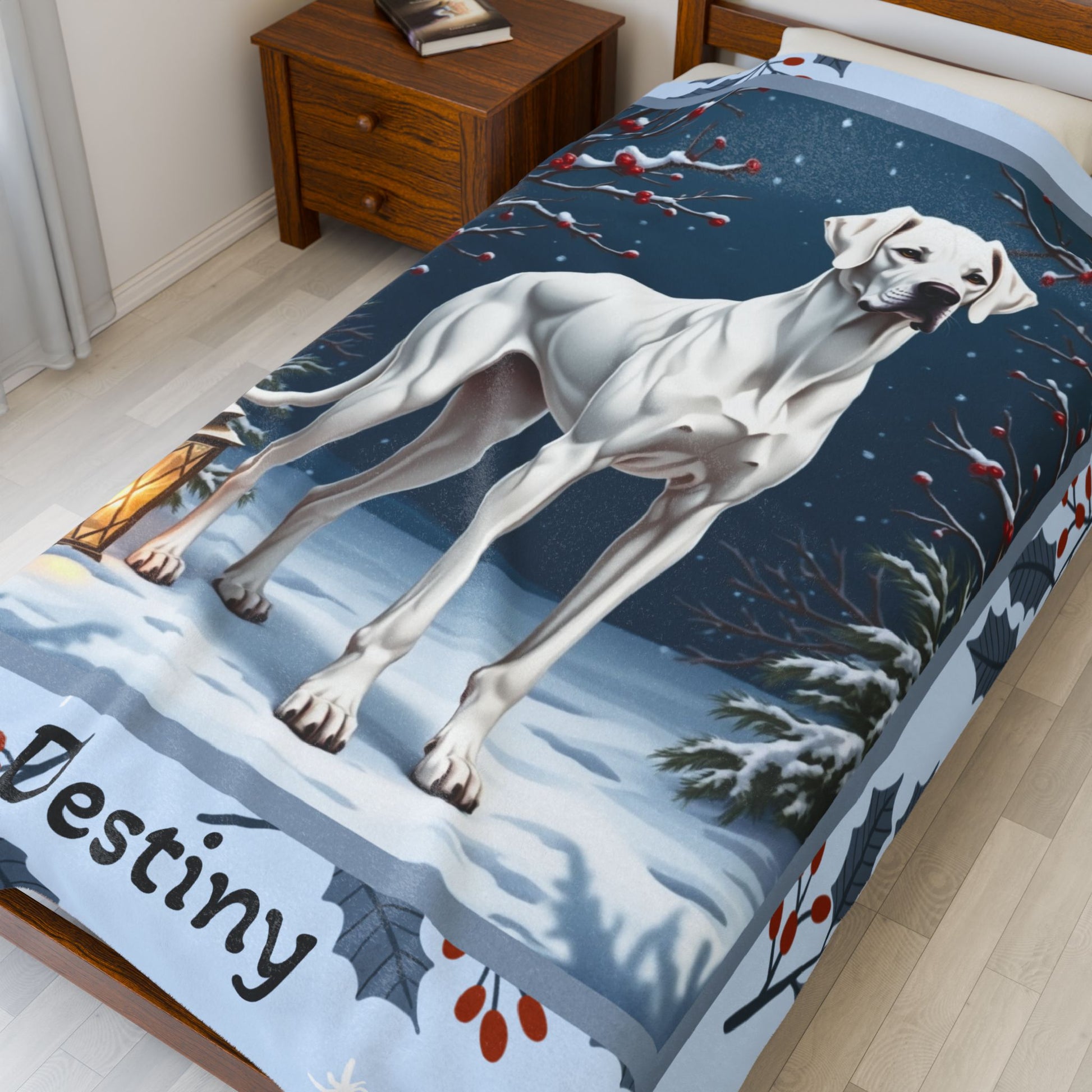 Great Dane White custom winter blanket showing a gentle Great Dane in a crisp illustrated snowy lodge setting