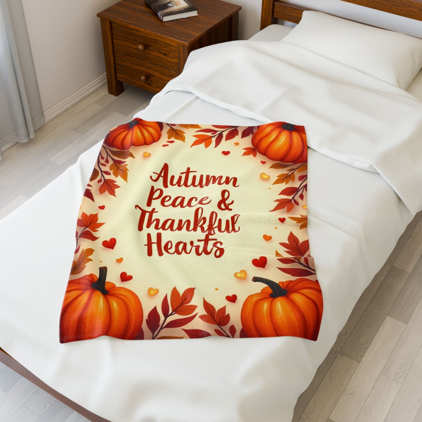 Thanksgiving blanket with “Autumn Peace & Thankful Hearts,” warm fall colors, peaceful cozy design.