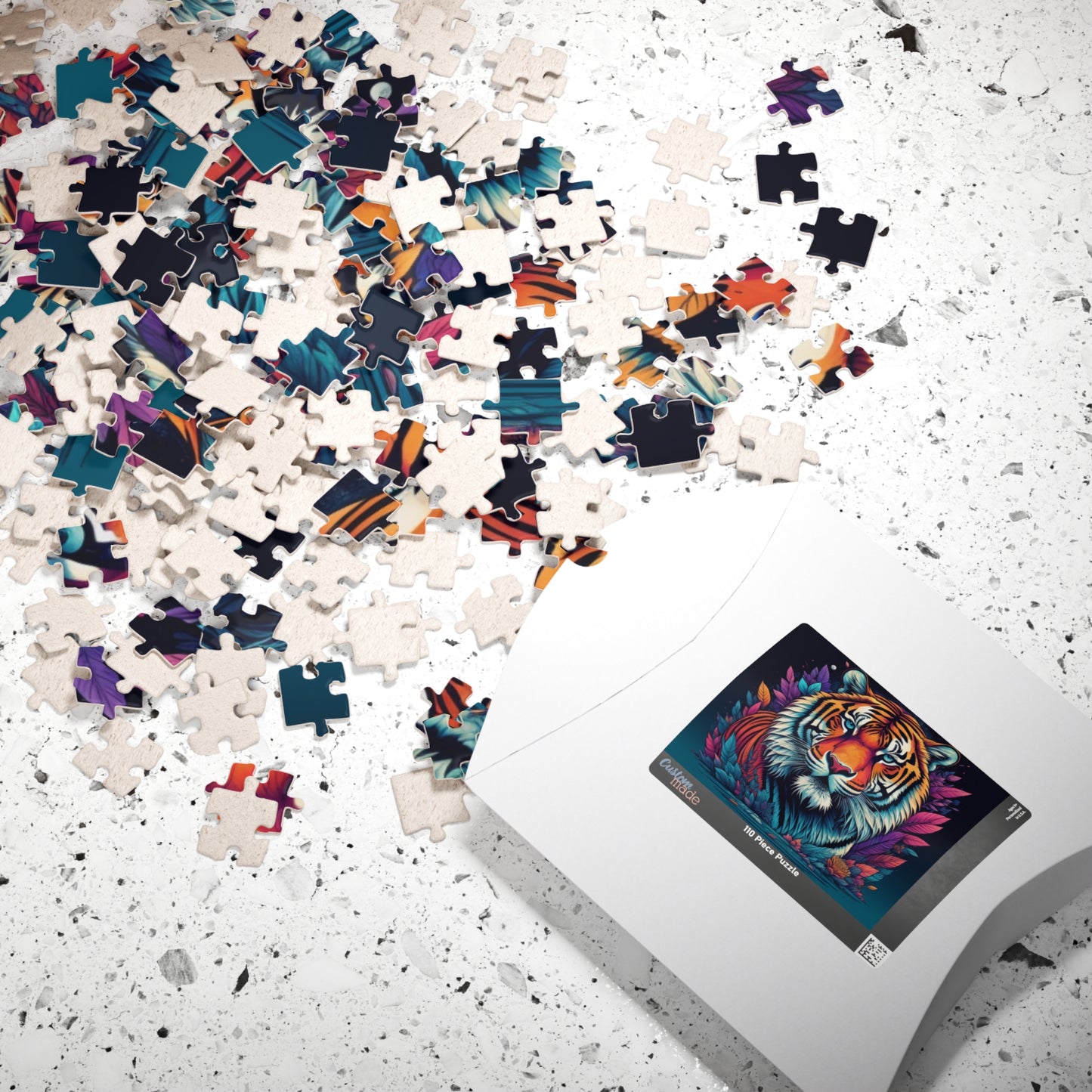 Tiger's Resolve - Jewel-Toned Tiger Puzzle with Tropical Leaves on Dark Navy Background