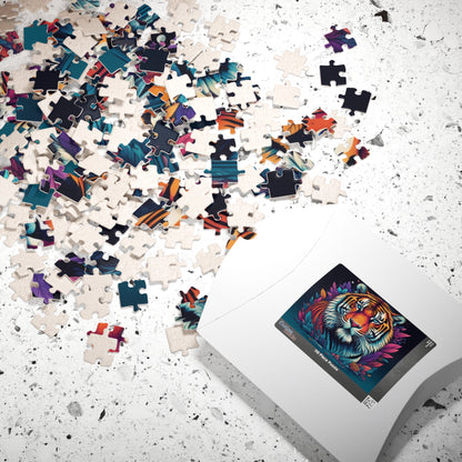 Tiger's Resolve - Jewel-Toned Tiger Puzzle with Tropical Leaves on Dark Navy Background