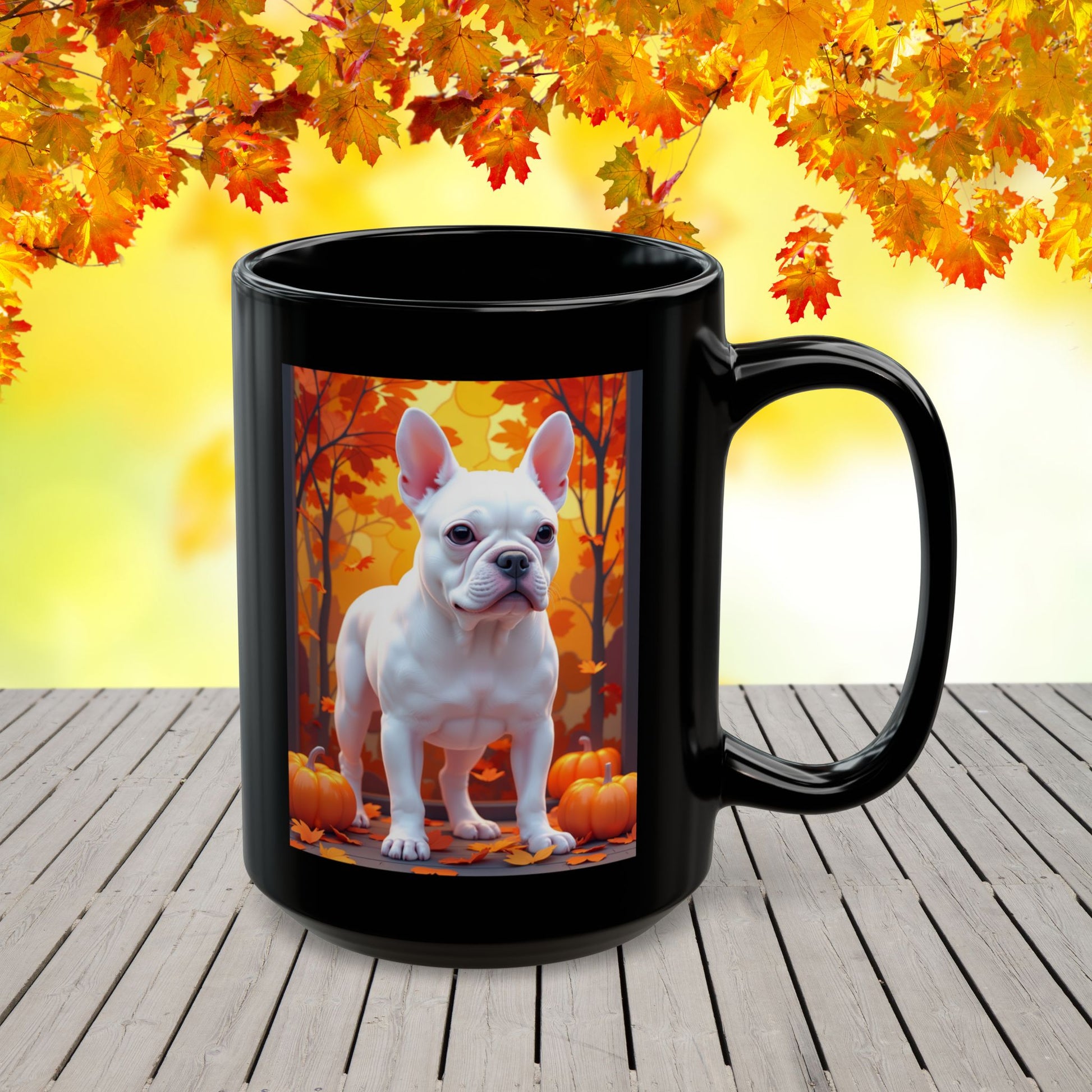 White French Bulldog Autumn Black Mug - Cozy fall dog breed coffee cup gift
