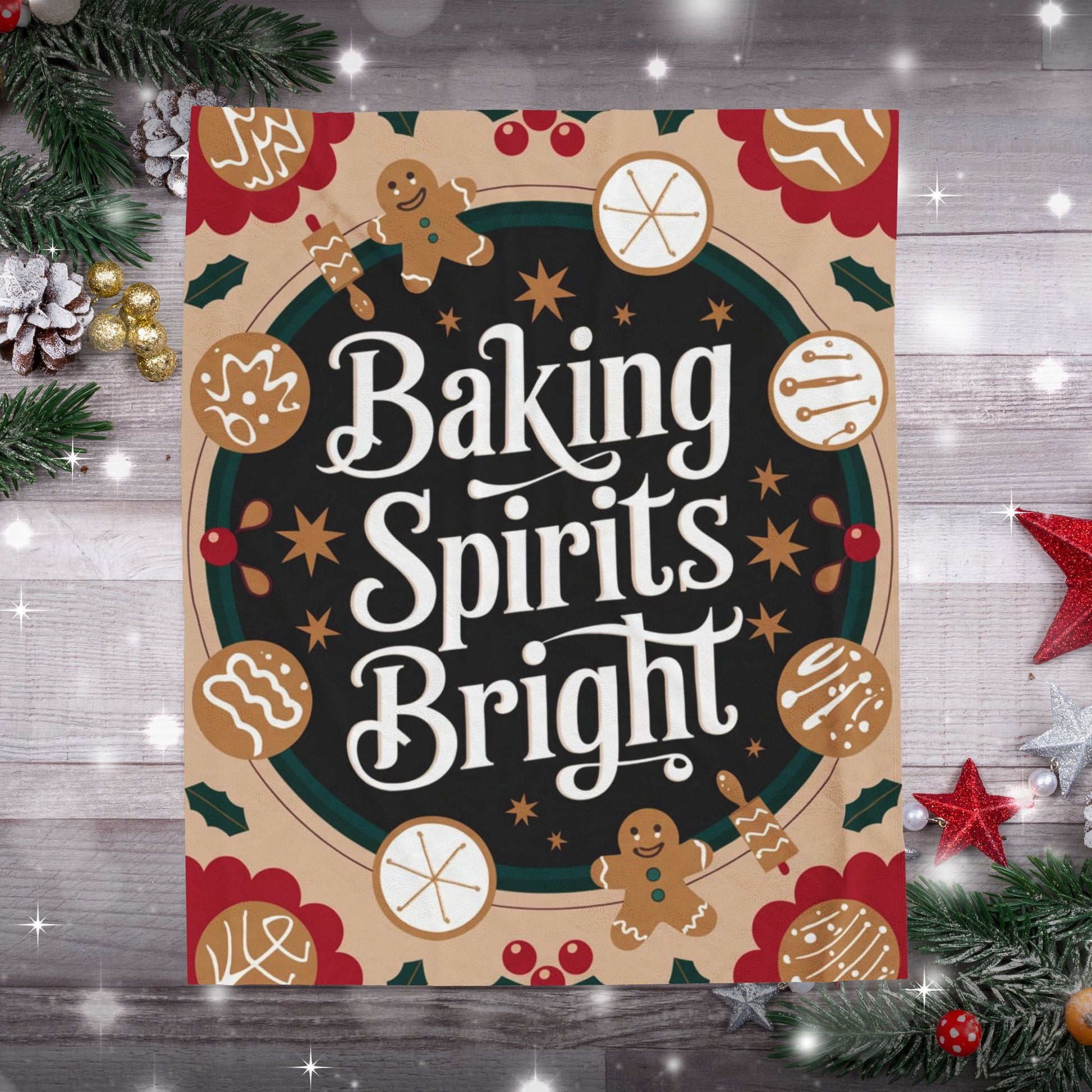 Holiday blanket “Baking Spirits Bright” with festive Christmas design, cozy winter throw for warmth and joy