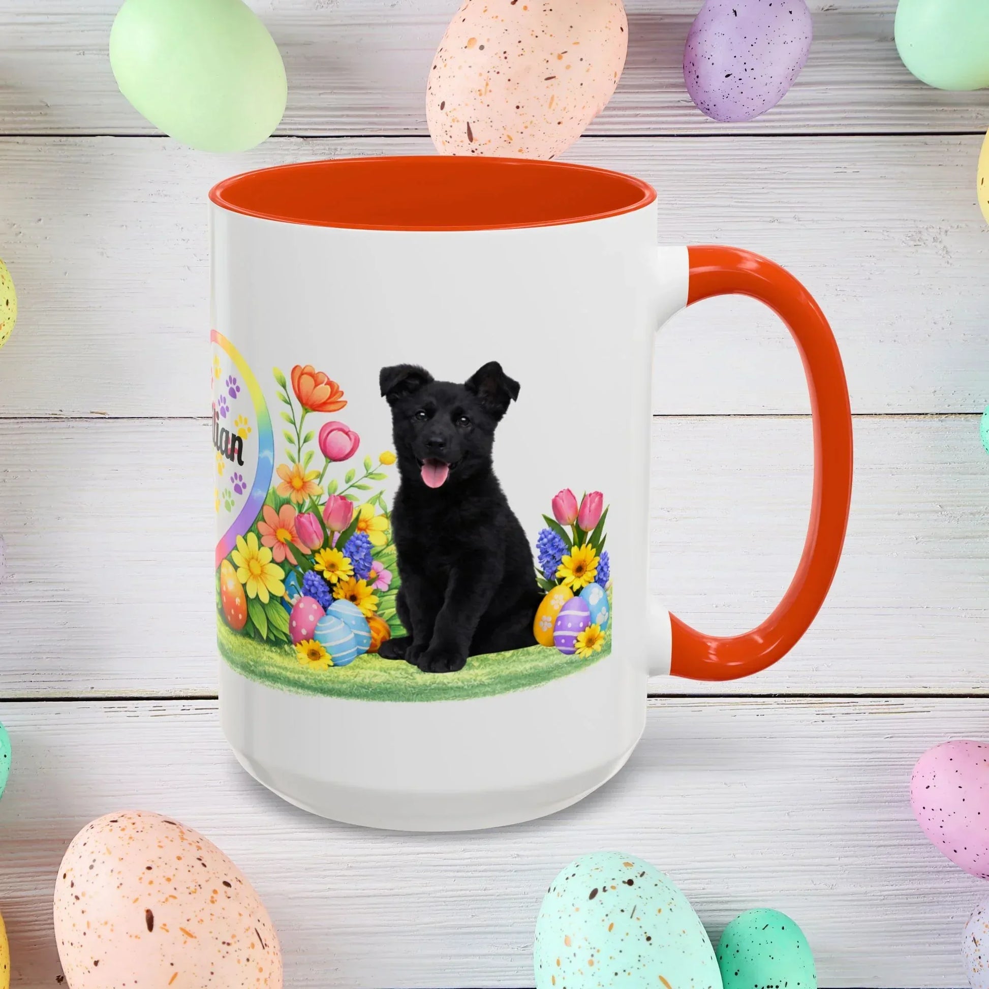 Shop our german shepherd black puppy easter mug featuring the 15oz style option from MySisterIsASurvivor.