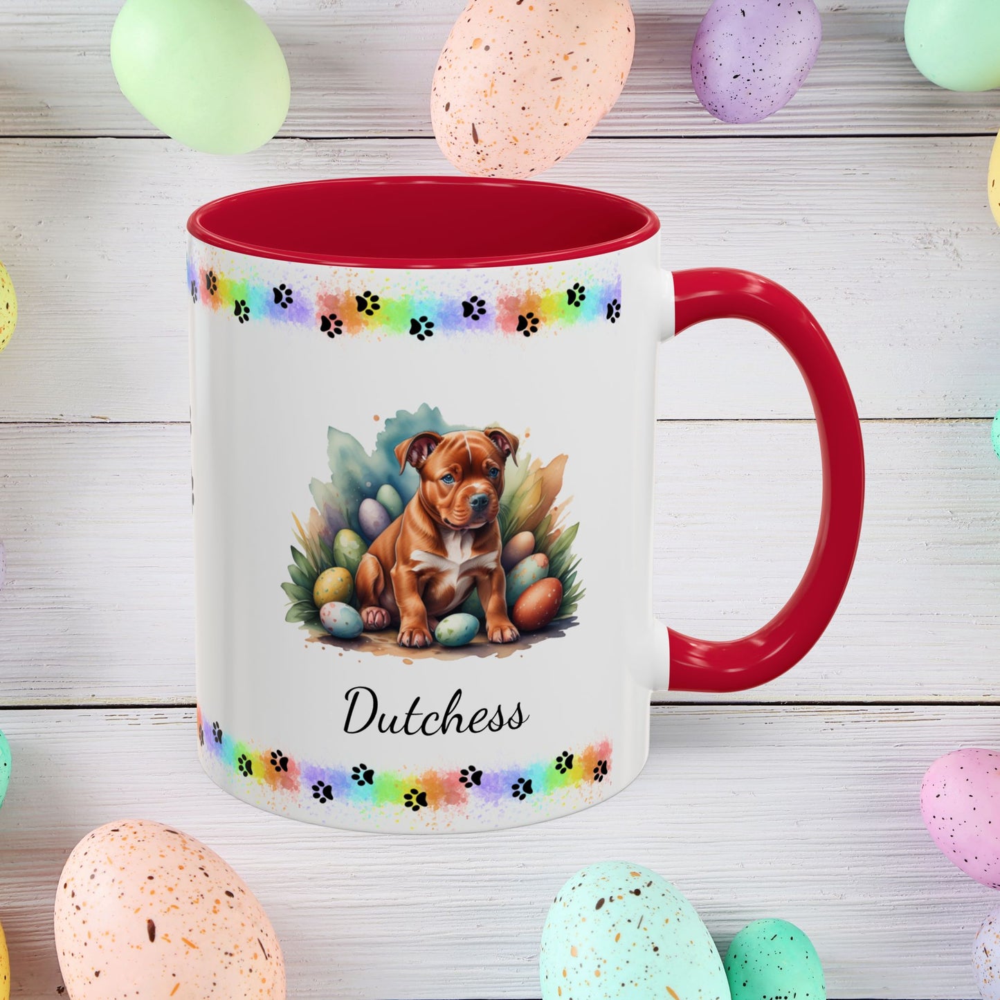 Pitbull (Red): Personalized Easter Puppy Coffee Mug - Adorable Dog Design, Mental Health Gift, 11oz & 15oz, 12 Color Choices, Easter Gifts & Décor