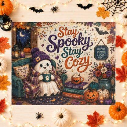 Stay Spooky Stay Cozy Halloween Puzzle - Ghost in Armchair with Boo-tiful Day Pillow and Ghost Stories Books