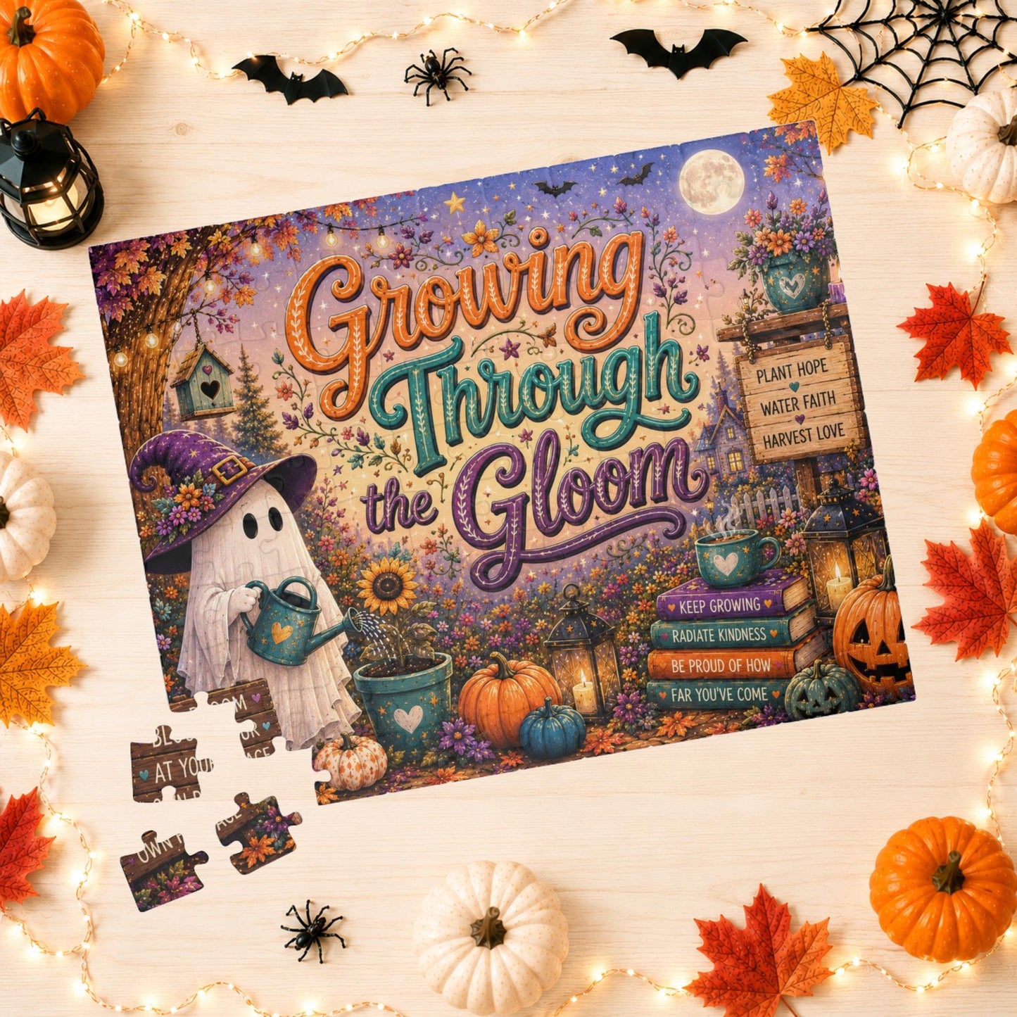 Growing Through the Gloom Halloween Puzzle - Ghost Watering Heart Plant with Bloom at Your Own Pace Sign