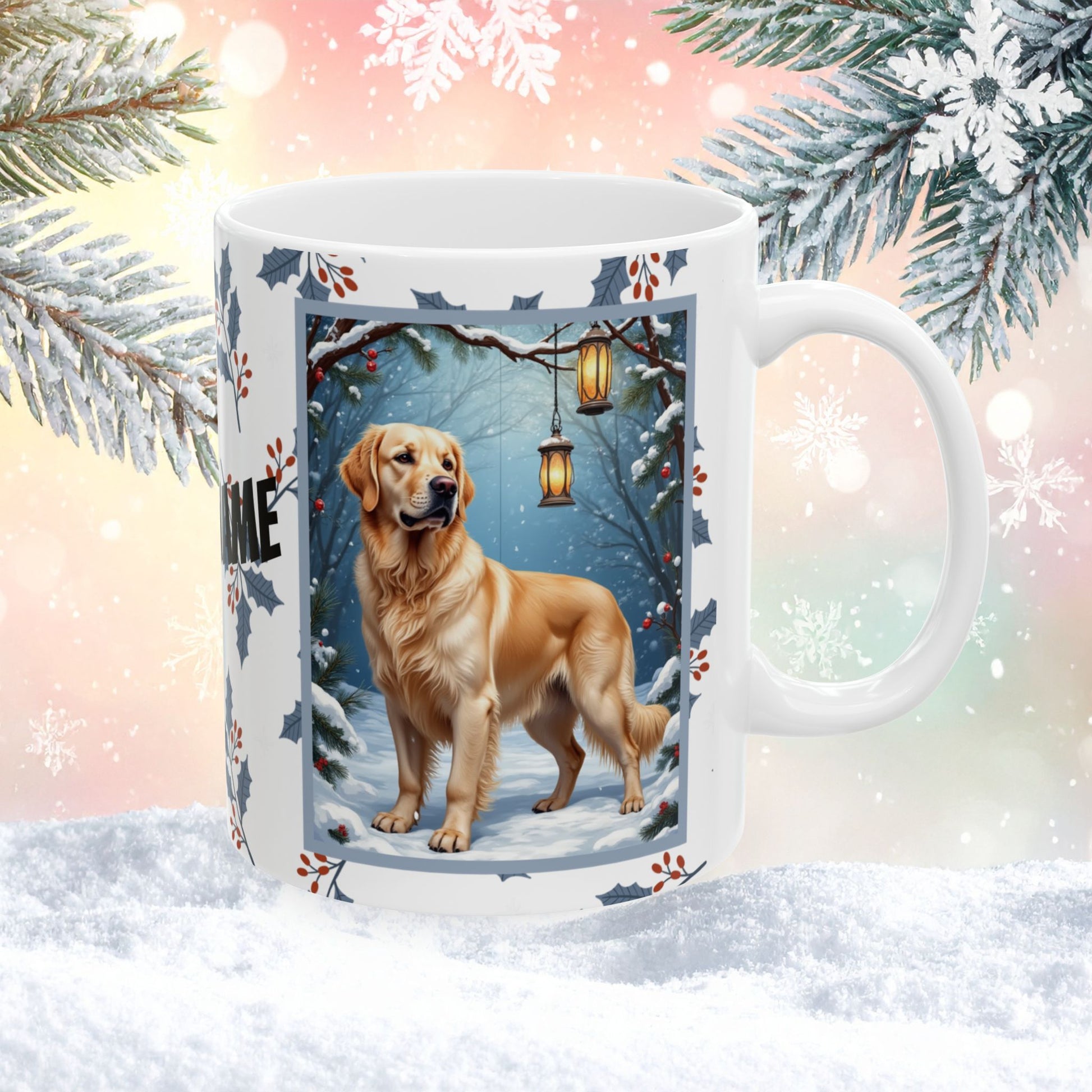 Golden Retriever (Cream) Winter Mug - cream Golden Retriever artwork standing in a cozy winter scene with soft snowfall
