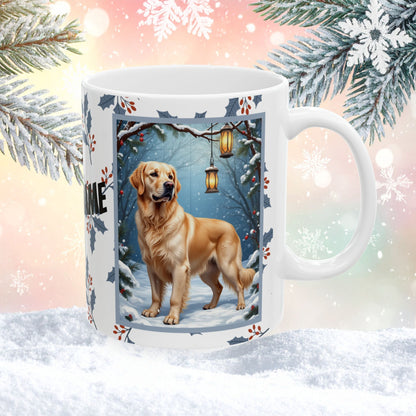 Golden Retriever (Cream) Winter Mug - cream Golden Retriever artwork standing in a cozy winter scene with soft snowfall