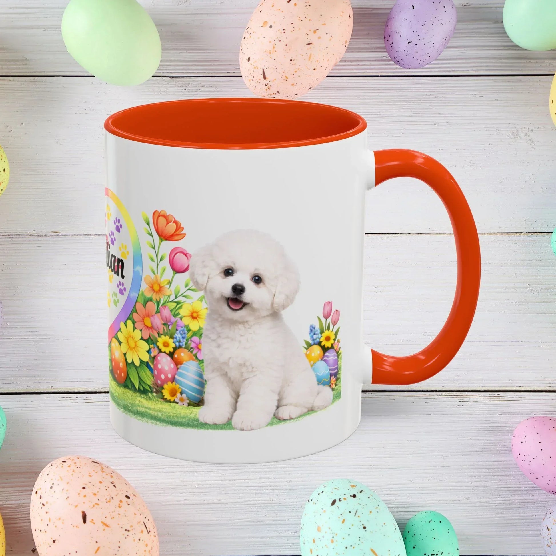 Shop our bichon frise puppy easter mug featuring the 11oz style option from MySisterIsASurvivor.